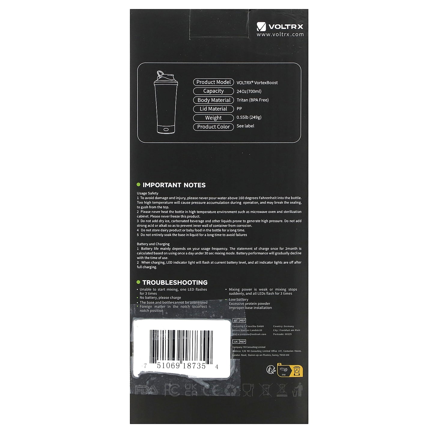 Voltrx, VortexBoost Electric Shaker Bottle, Power Blue, 24 oz (700 ml)