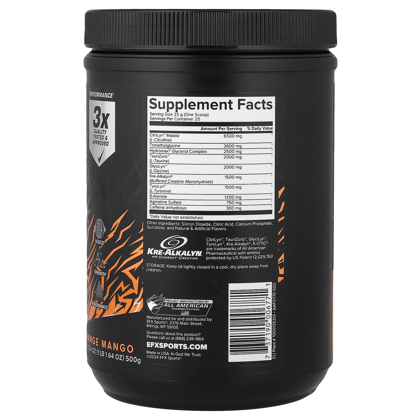 EFX Sports, K-otic® Pre-Workout, Orange Mango, 1 lb 1.64 oz (500 g)