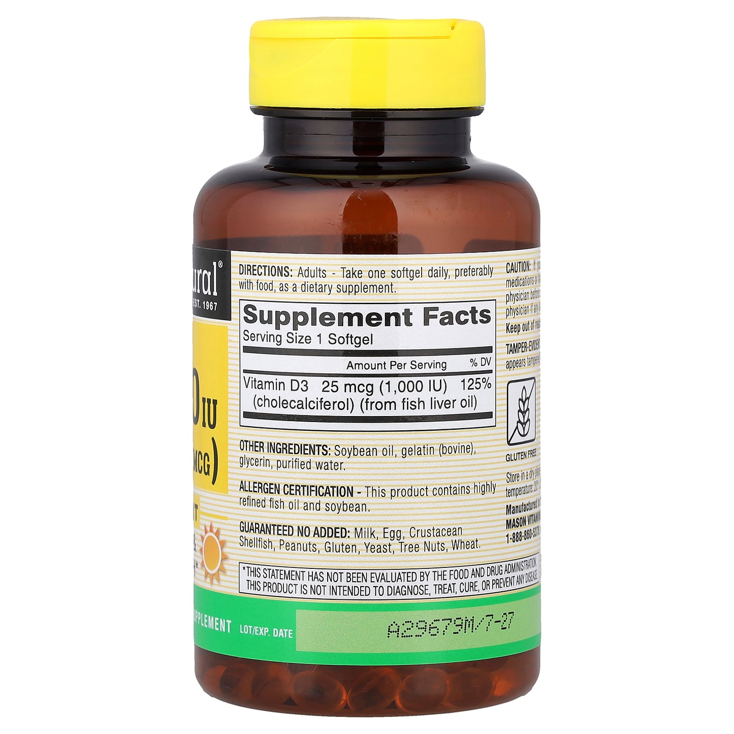 Mason Natural, Vitamin D3, 25 mcg (1,000 IU), 300 Softgels