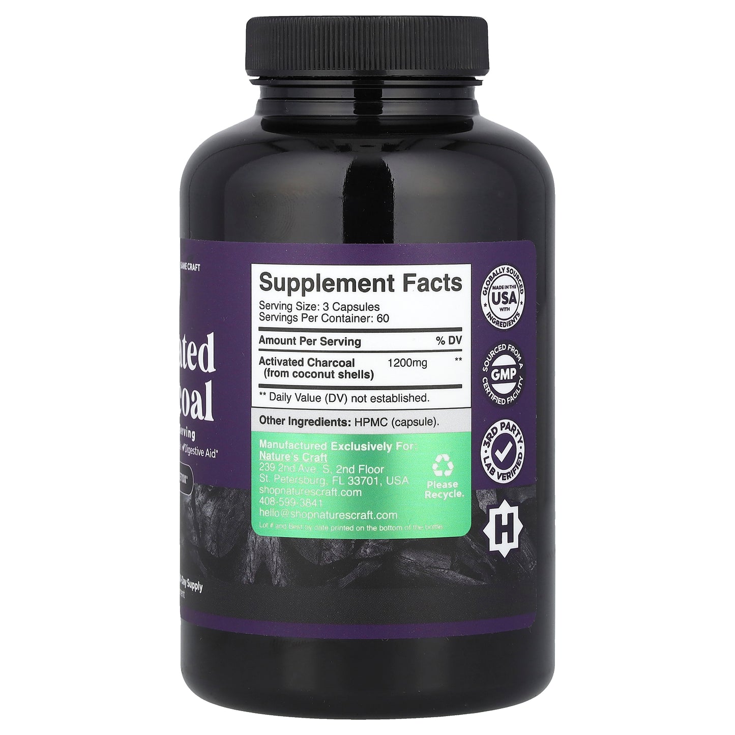 Nature's Craft, Activated Charcoal, 180 Veggie Capsule (400 mg per Capsule)