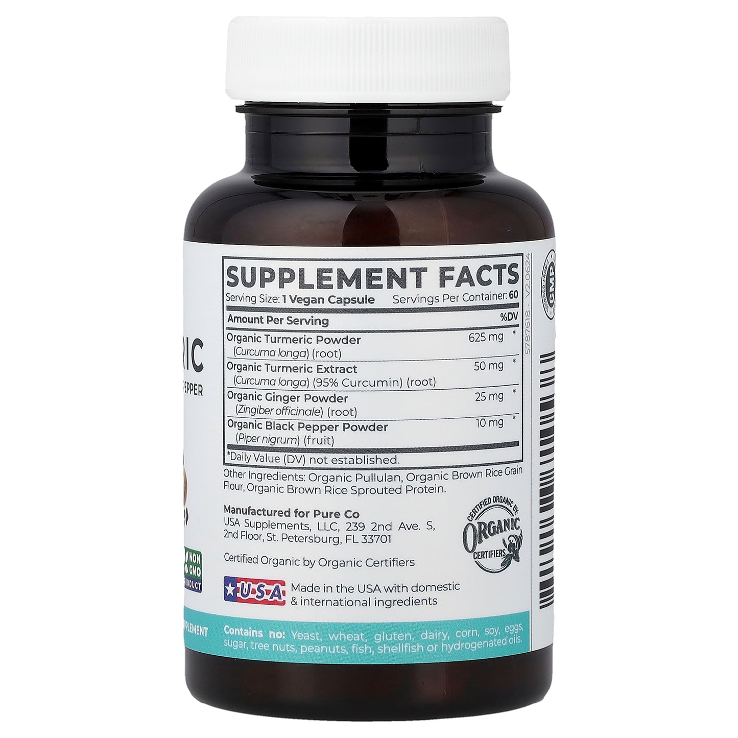 Pure Co., Organic Turmeric with Ginger & Black Pepper, 60 Vegan Capsules