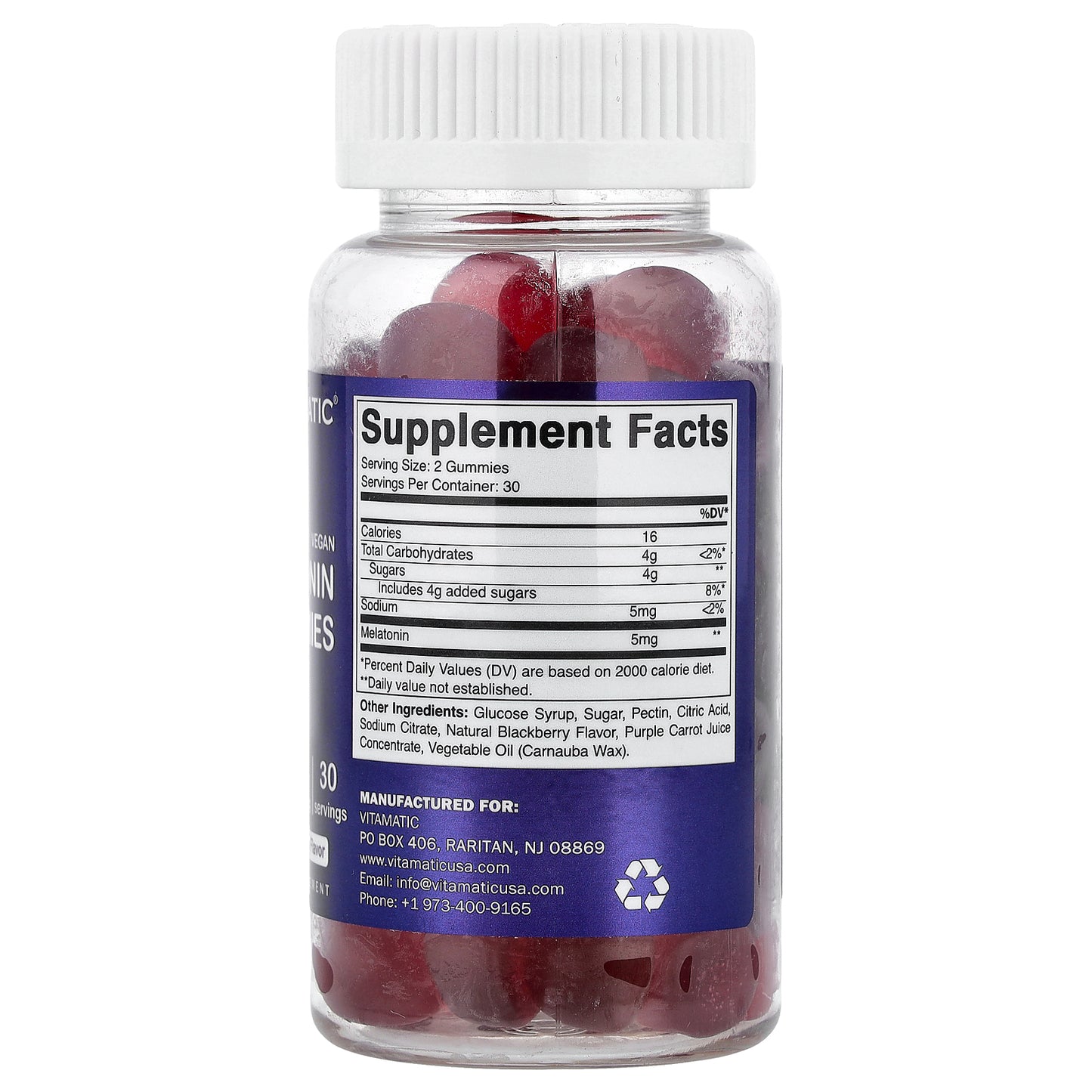 Vitamatic, Vegan Melatonin Gummies, Natural Blackberry, 60 Gummies (2.5 mg per Gummies)