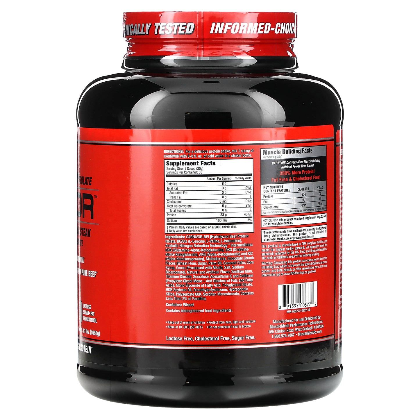 MuscleMeds, Carnivor, Bioengineered Beef Protein Isolate, Cookies & Cream, 3.7 lbs (1680 g)