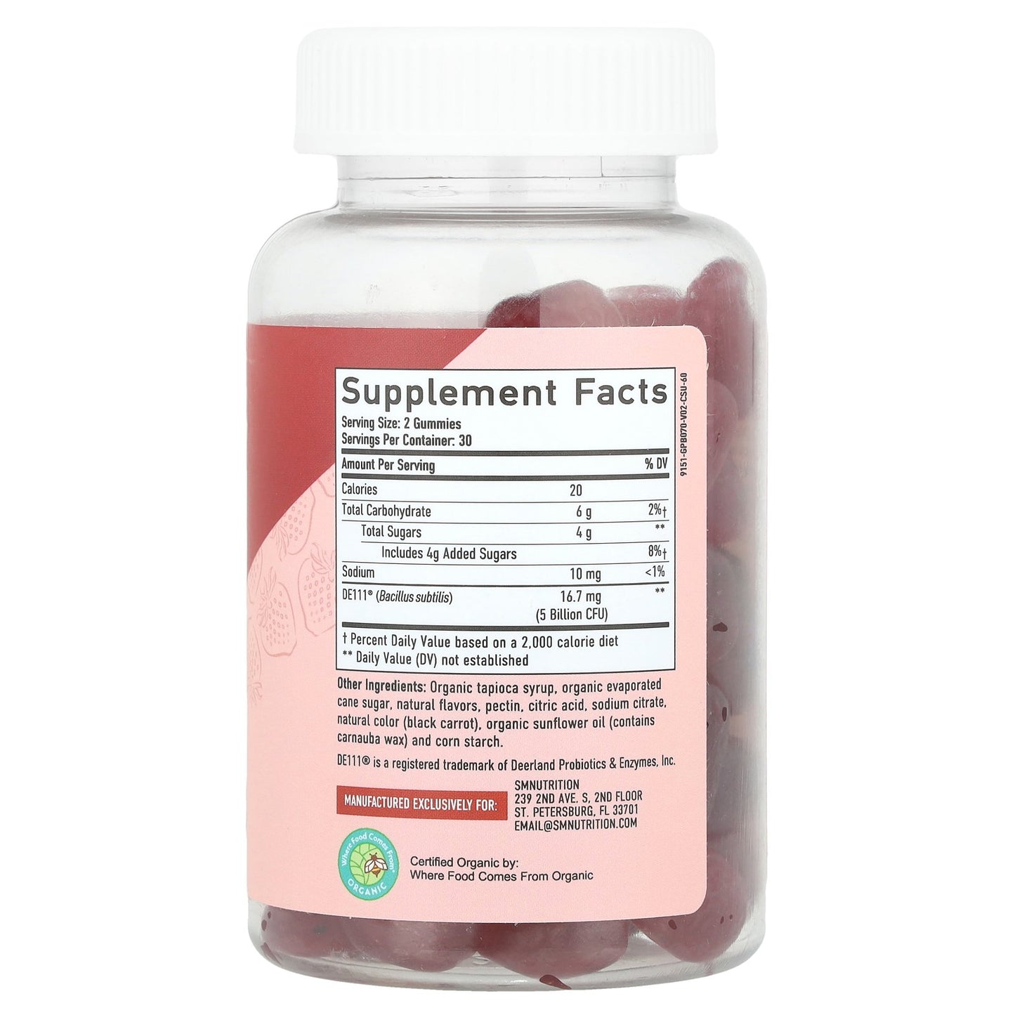 SMNutrition, Organic Probiotic Gummies, Natural Strawberry, 60 Gummies