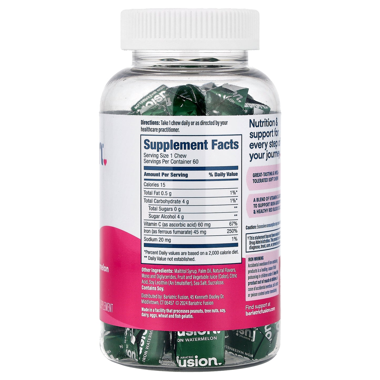 Bariatric Fusion, Iron Plus Vitamin C, Watermelon, 60 Soft Chews