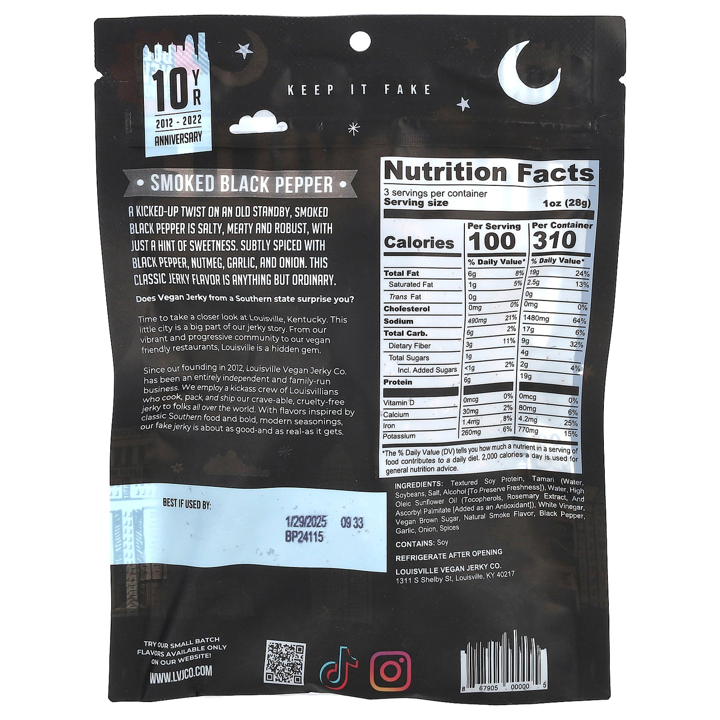 Louisville Vegan Jerky Co, Soy Jerky, Smoked Black Pepper, 3 oz (85.05 g)