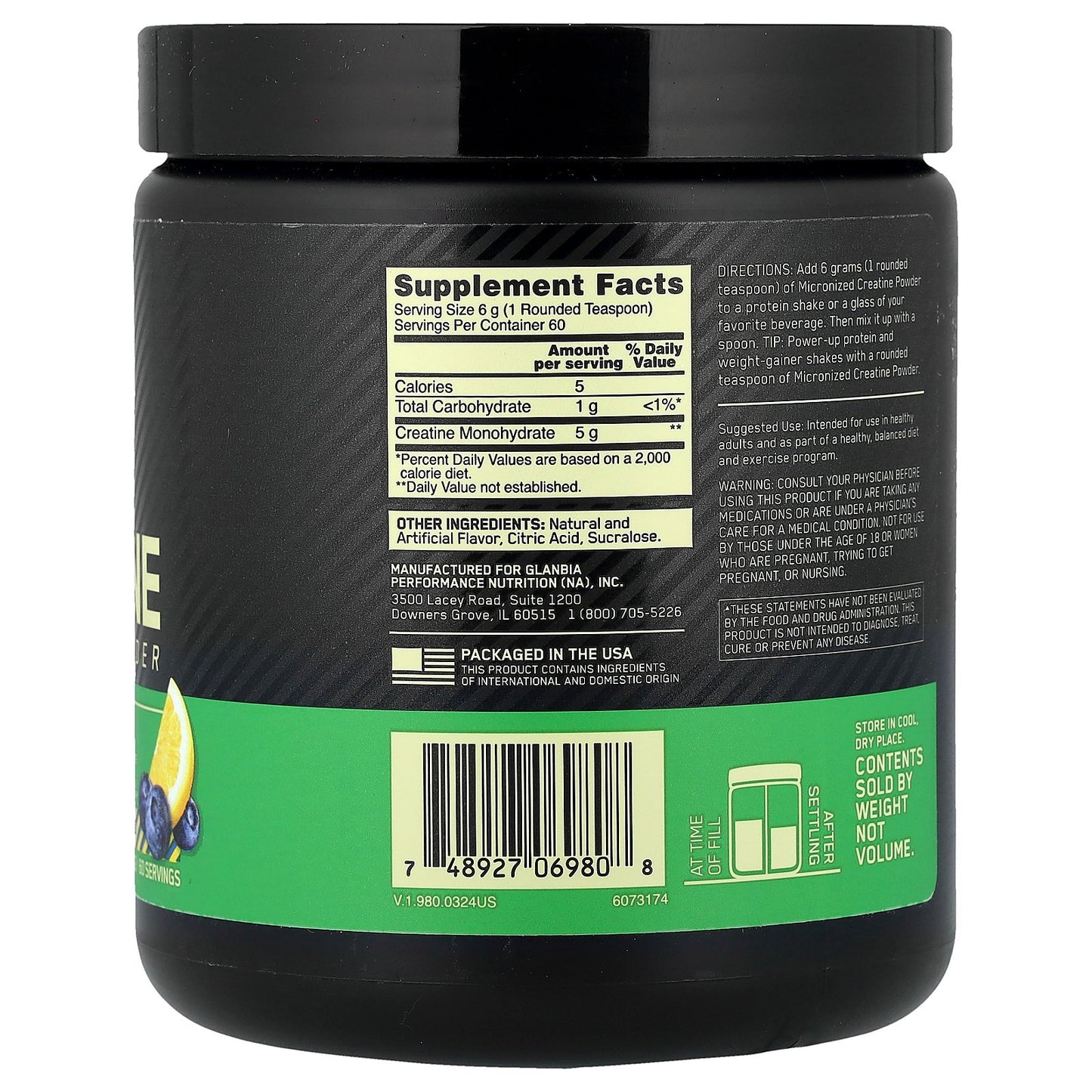 Optimum Nutrition, Micronized Creatine Powder, Blueberry Lemonade, 12.69 oz (360 g)