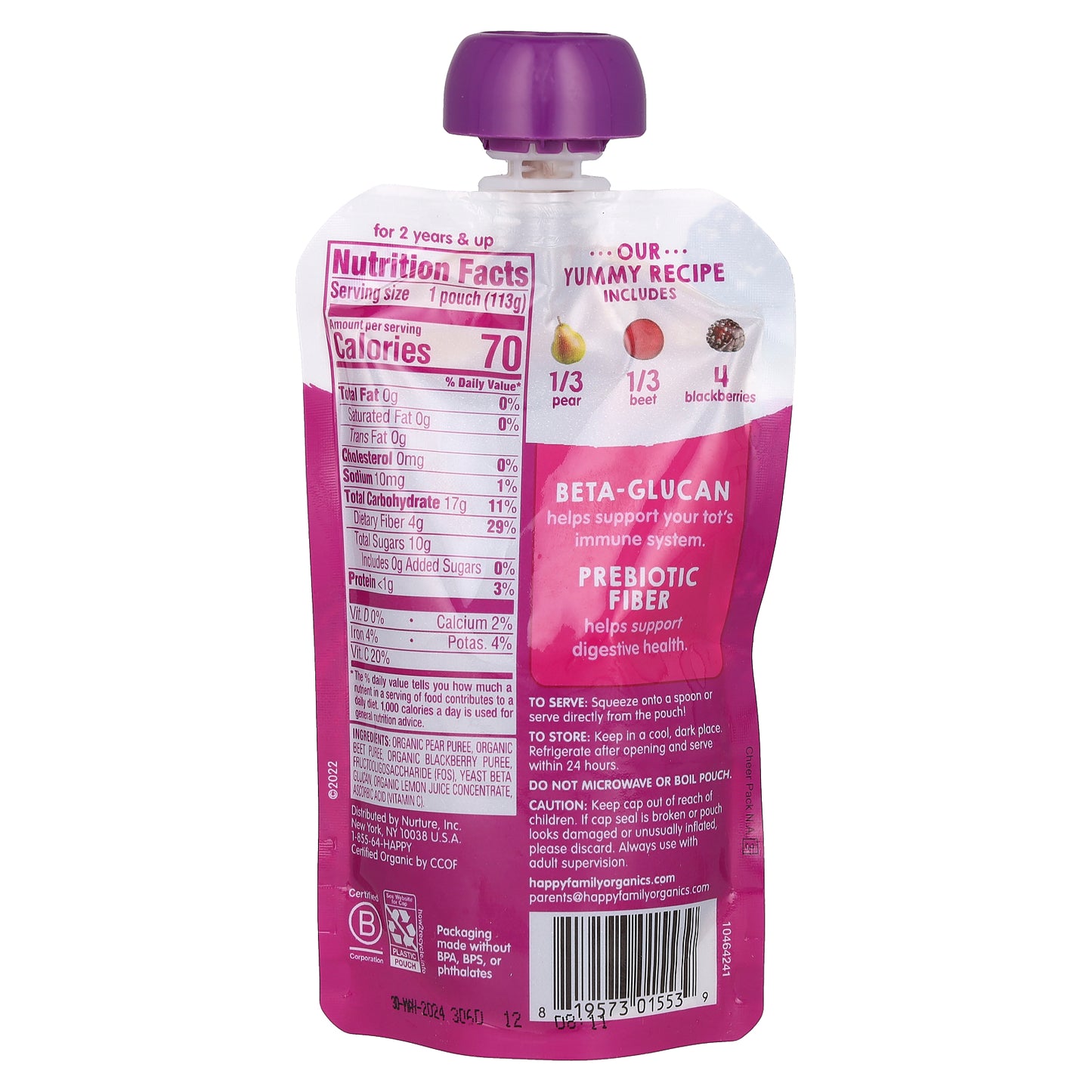 Happy Family Organics, Happy Tot®, Super Bellies™, For 2+ Years, Organic Pears, Beets & Blackberries, 4 oz (113 g)