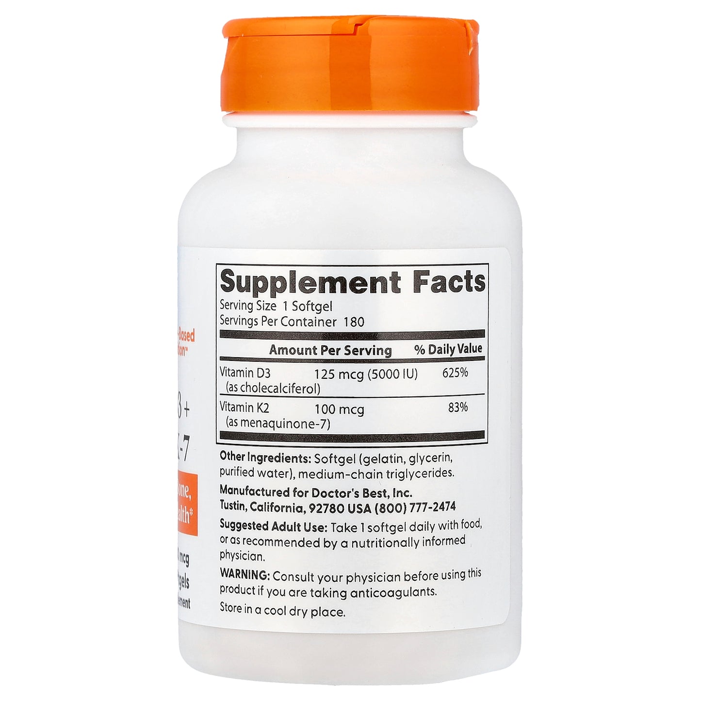 Doctor's Best, Vitamin D3 + K2 MK-7, 180 Softgels