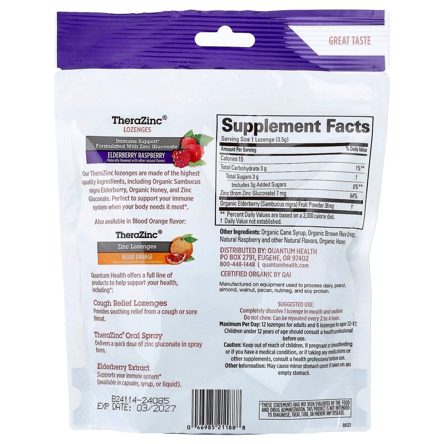 Quantum Health, TheraZinc®, Zinc Lozenges, Elderberry Raspberry, 18 Lozenges