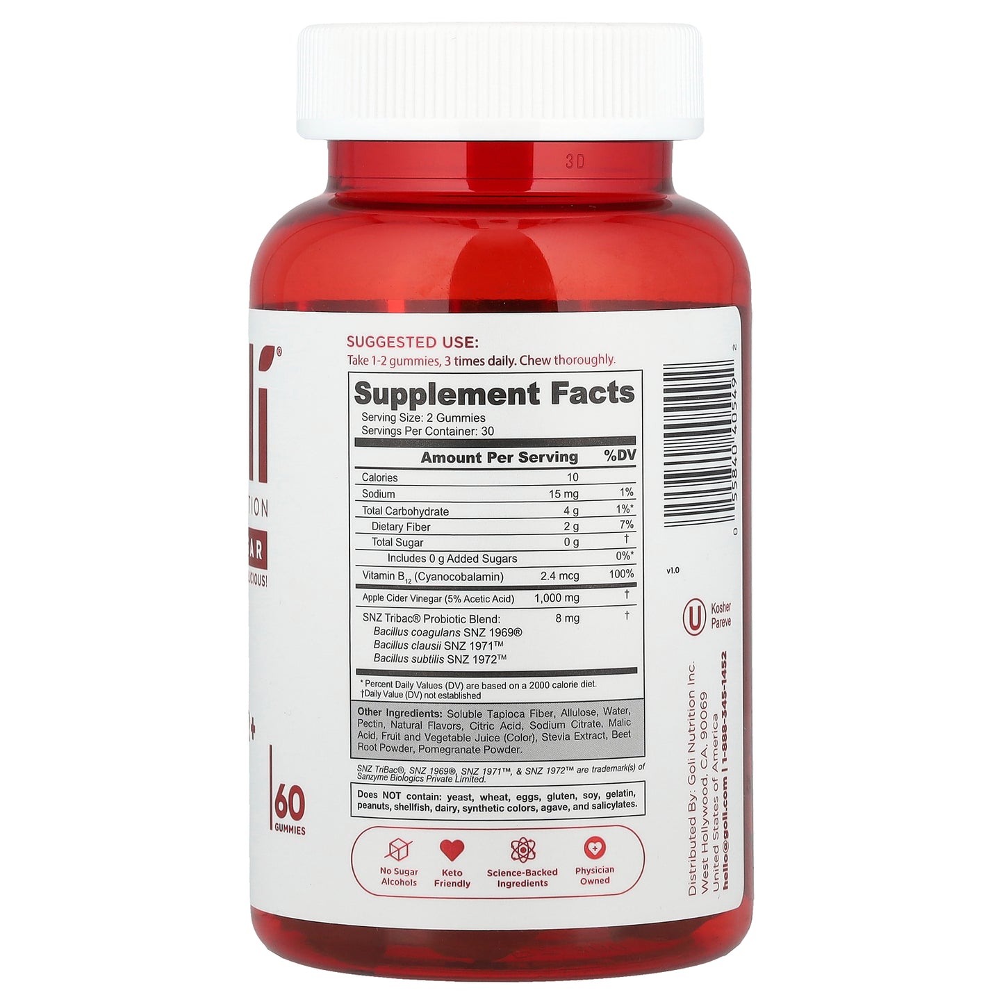 Goli Nutrition, World's First Apple Cider Vinegar+ Gummies, Zero Sugar, 60 Gummies