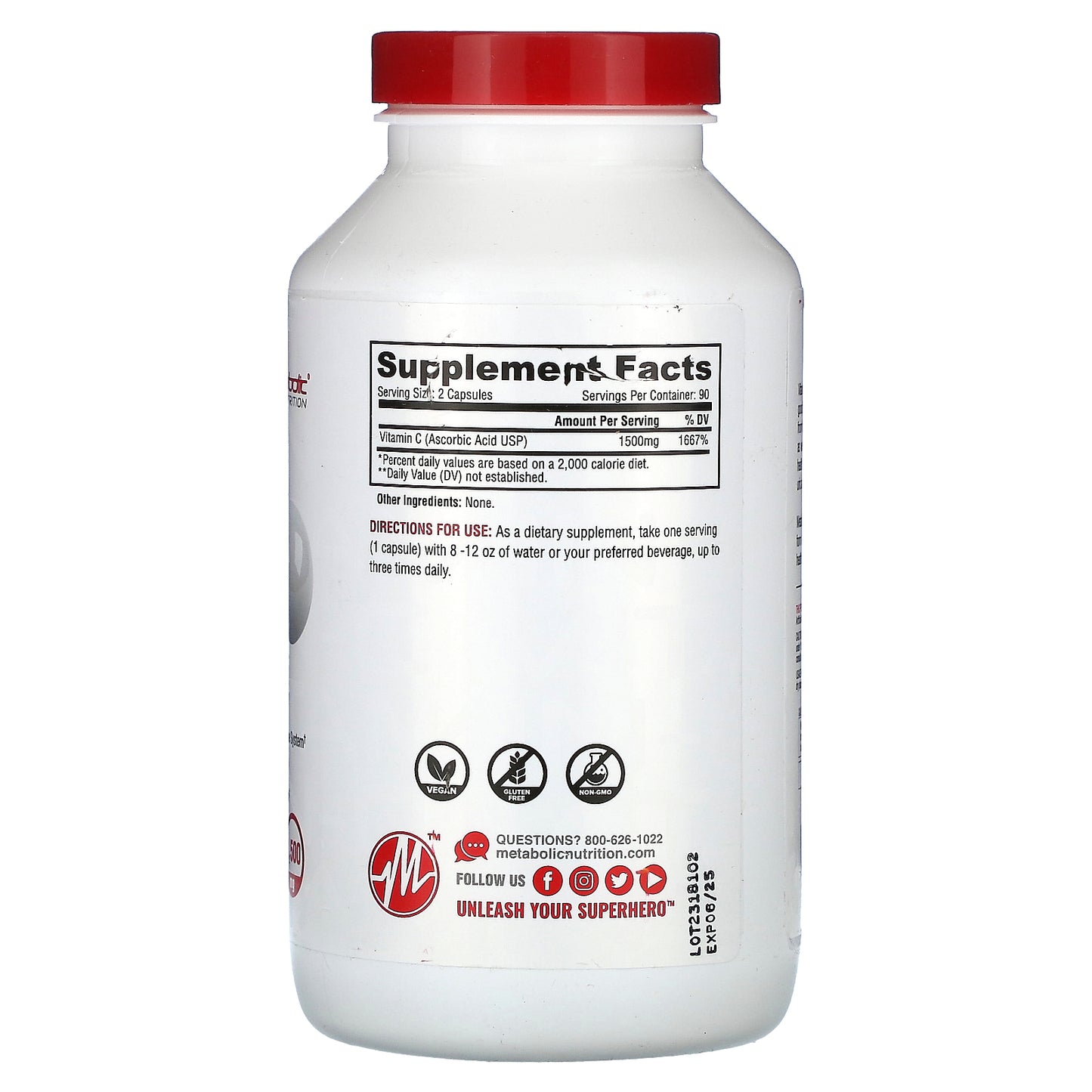 Metabolic Nutrition, Vitamin-C, 180 Capsules (750 mg per Capsule)