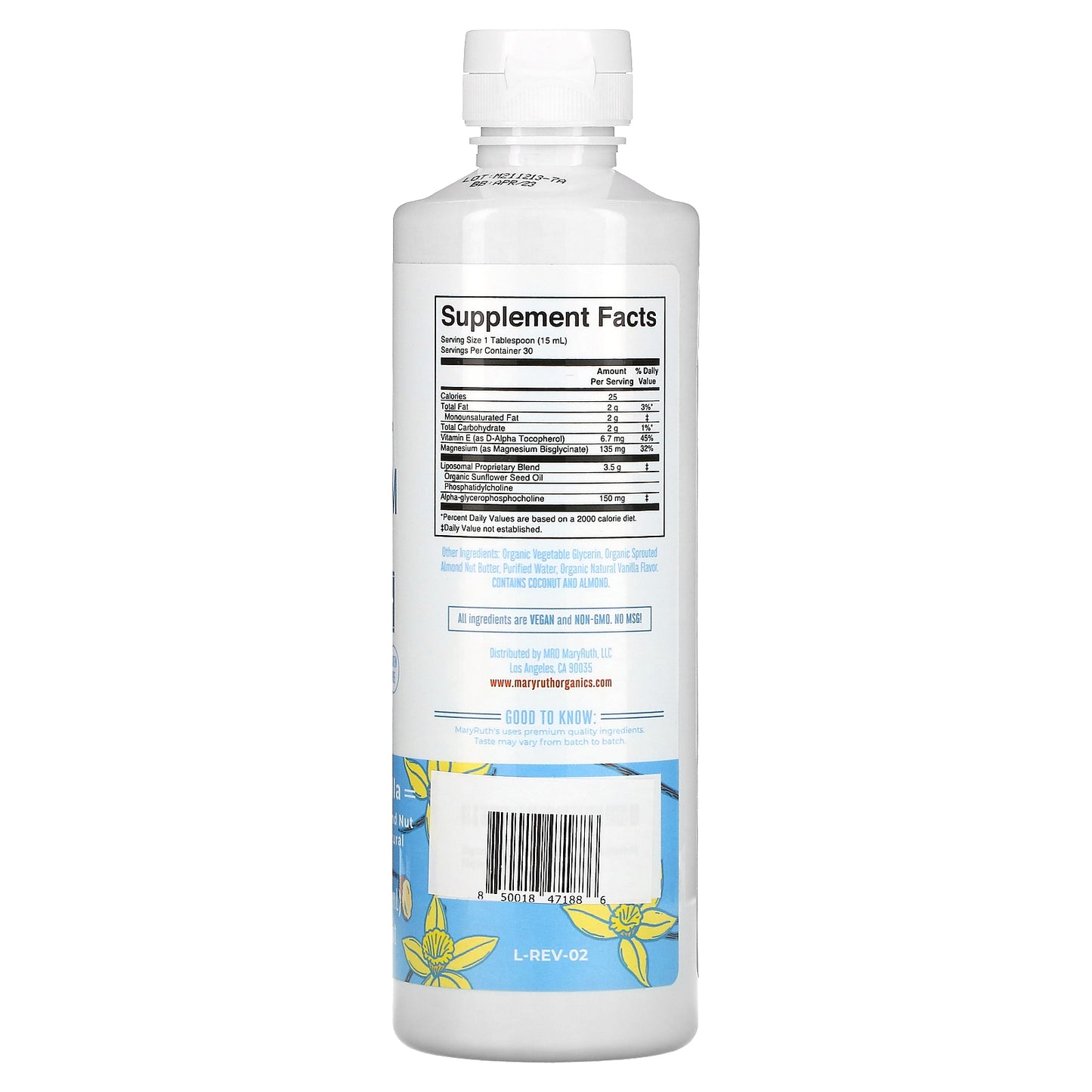 MaryRuth's, Magnesium Calm Liposomal, Almond Vanilla, 15.22 fl oz (450 ml)