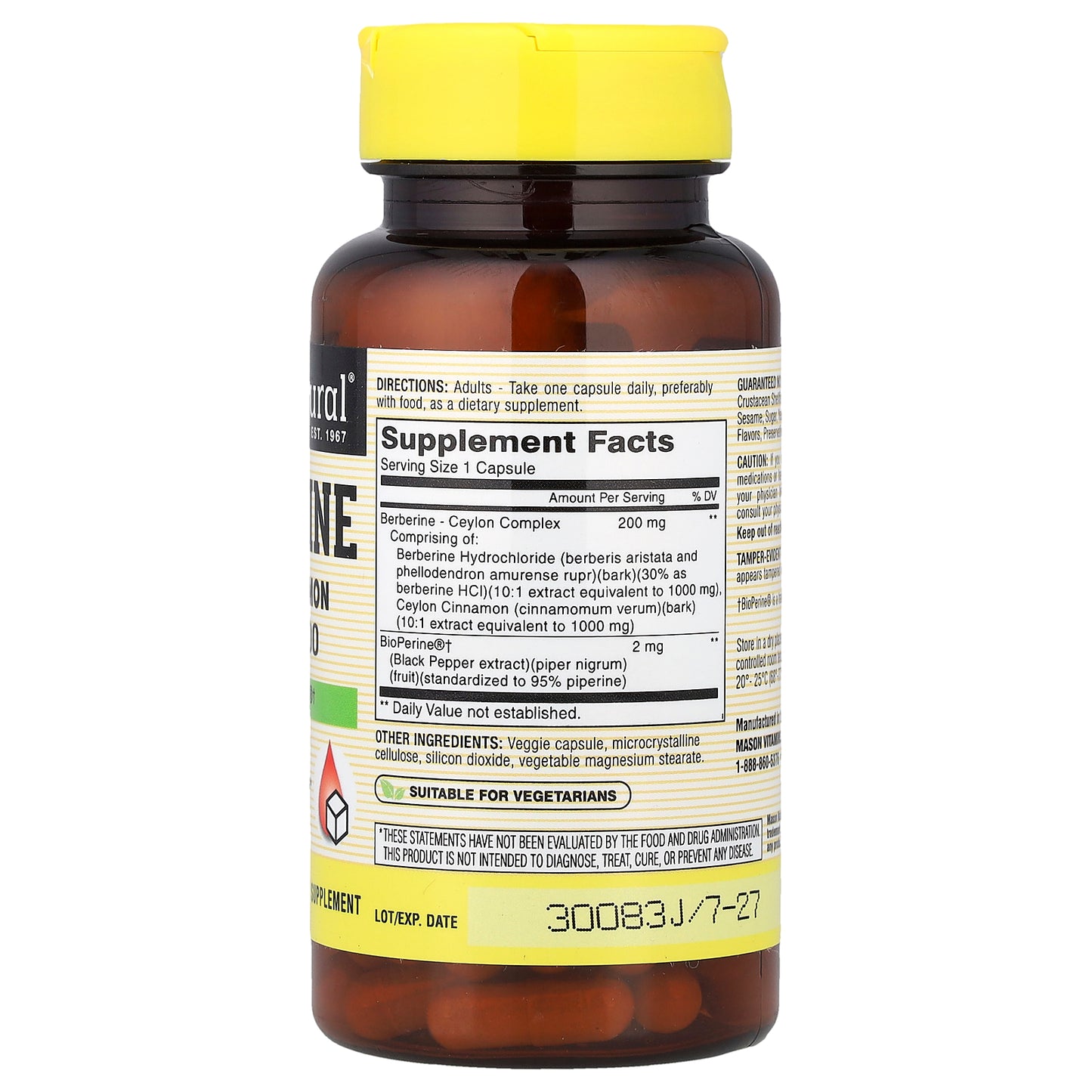 Mason Natural, Berberine with BioPerine®, 60 Veggie Capsules