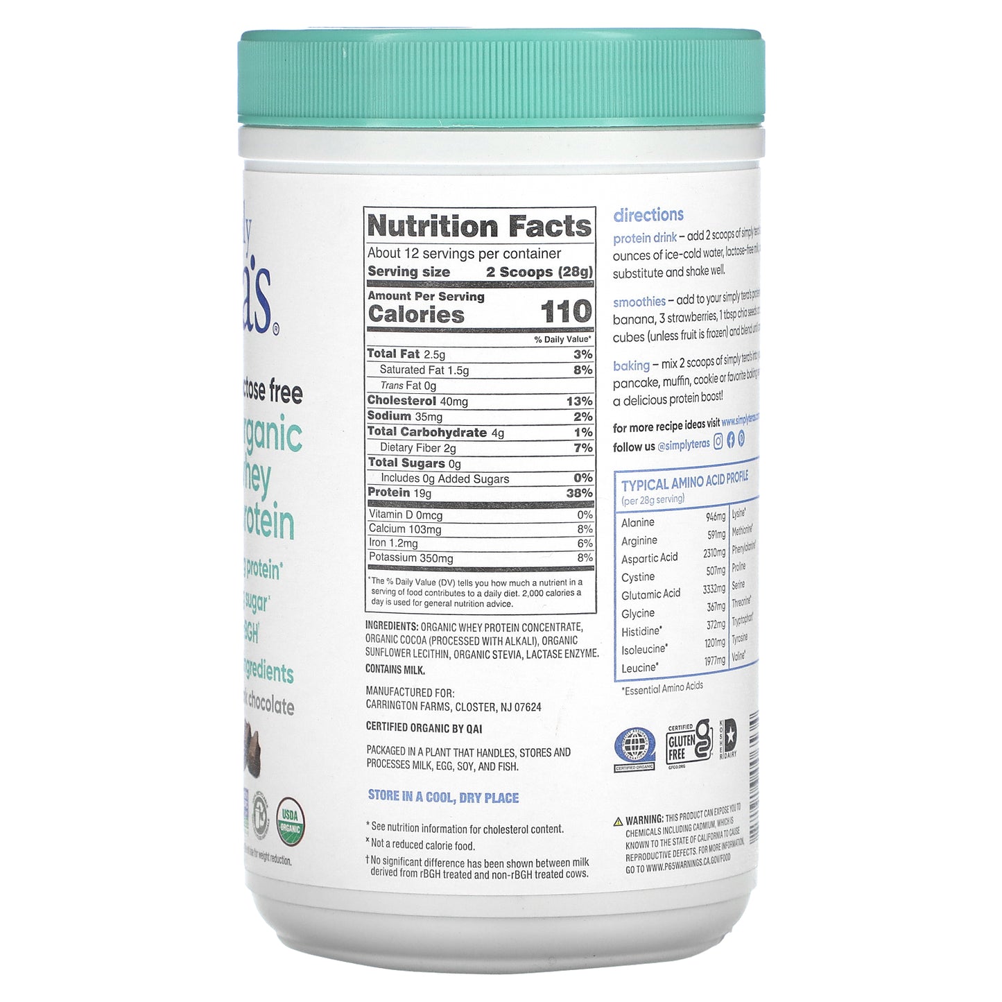 Simply Tera's, Organic Whey Protein, Dark Chocolate, 12 oz (340 g)