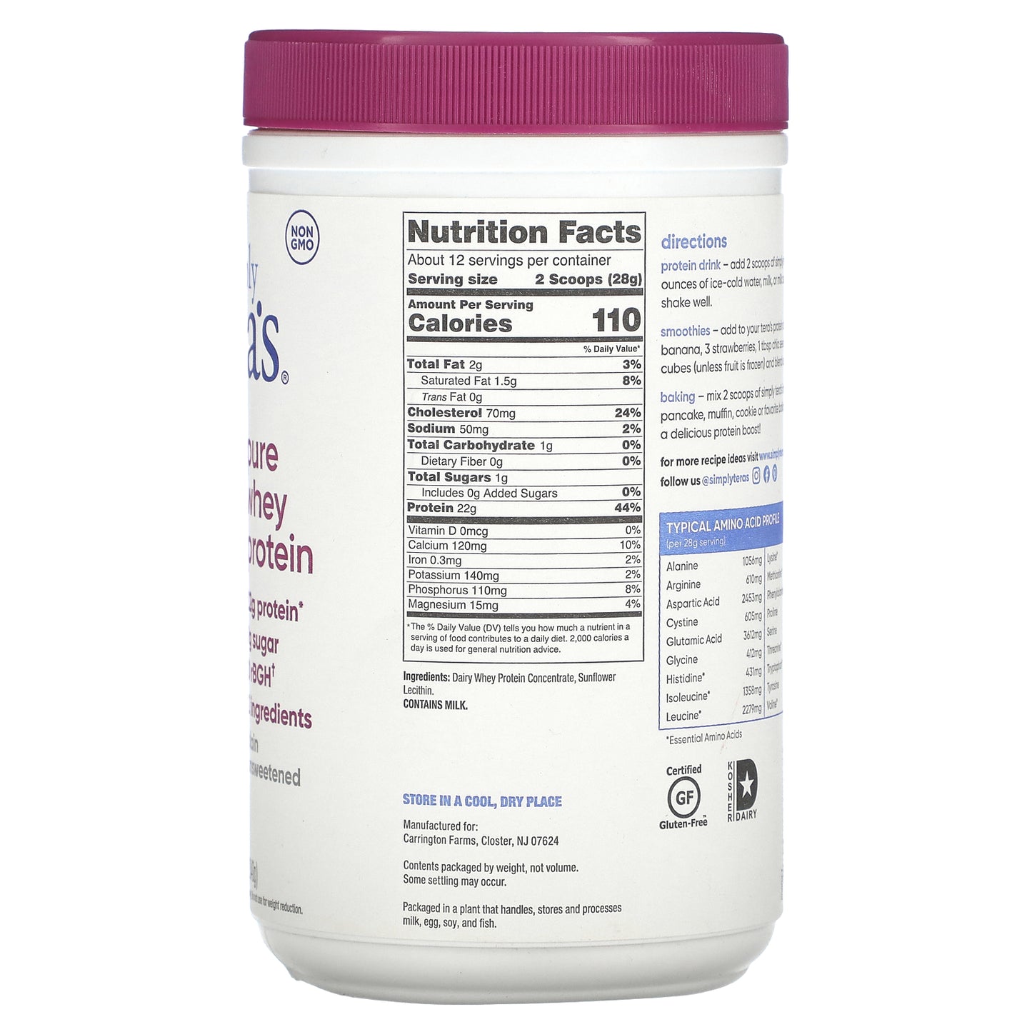 Simply Tera's, Pure Whey Protein, Plain, Unsweetened, 12 oz (340 g)