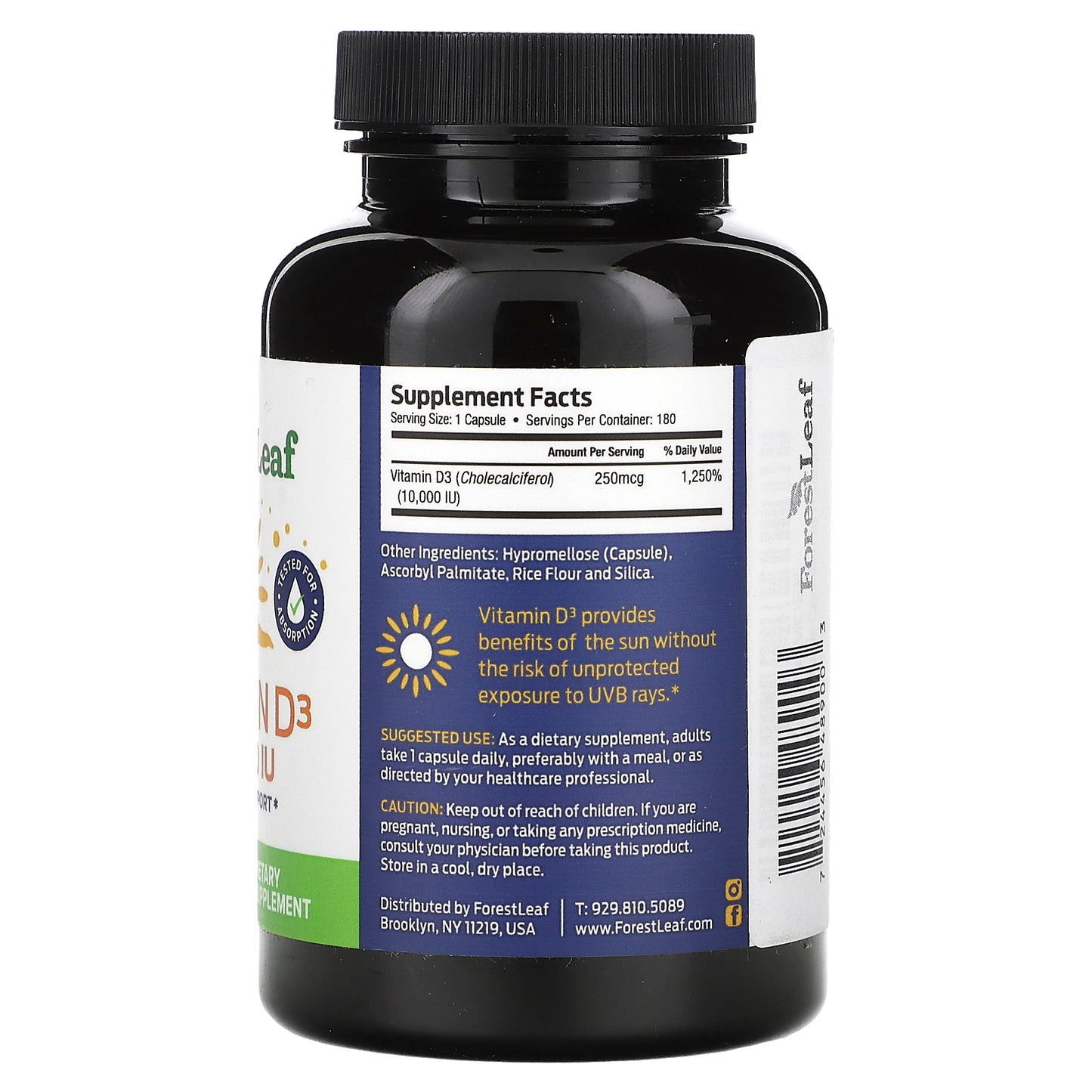 Forest Leaf, Vitamin D3, 250 mcg (10,000 IU), 180 Vegetable Capsules