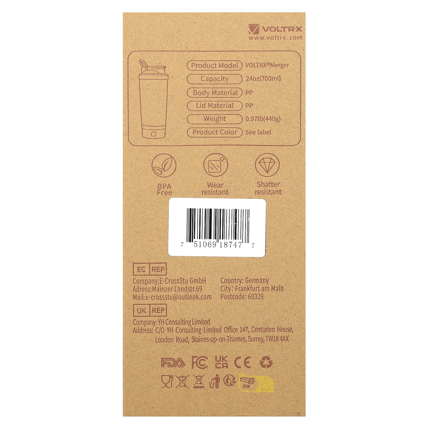 Voltrx, Merger, Protein Shaker USB C Rechargeable Bottle, White, 24 oz (700 ml)