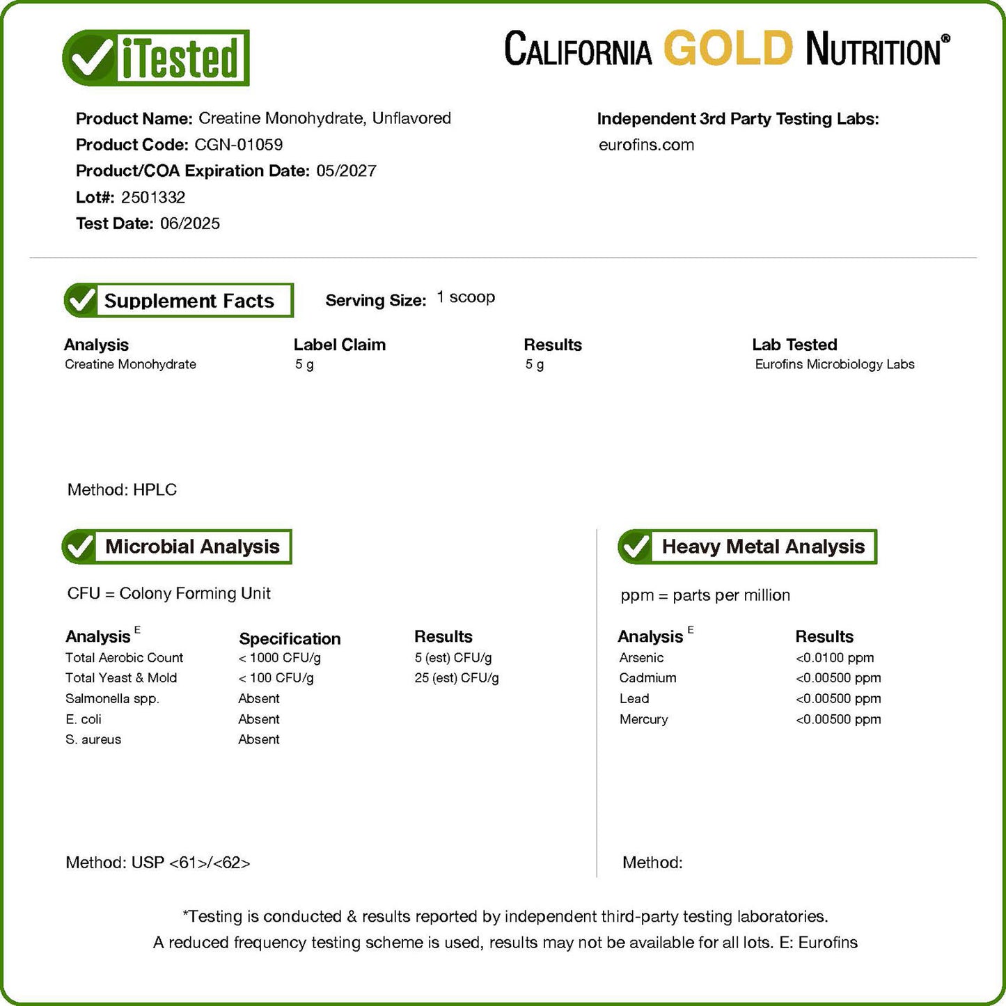 California Gold Nutrition, Sport, Pure Creatine Monohydrate, Unflavored, 1 lb (454 g)