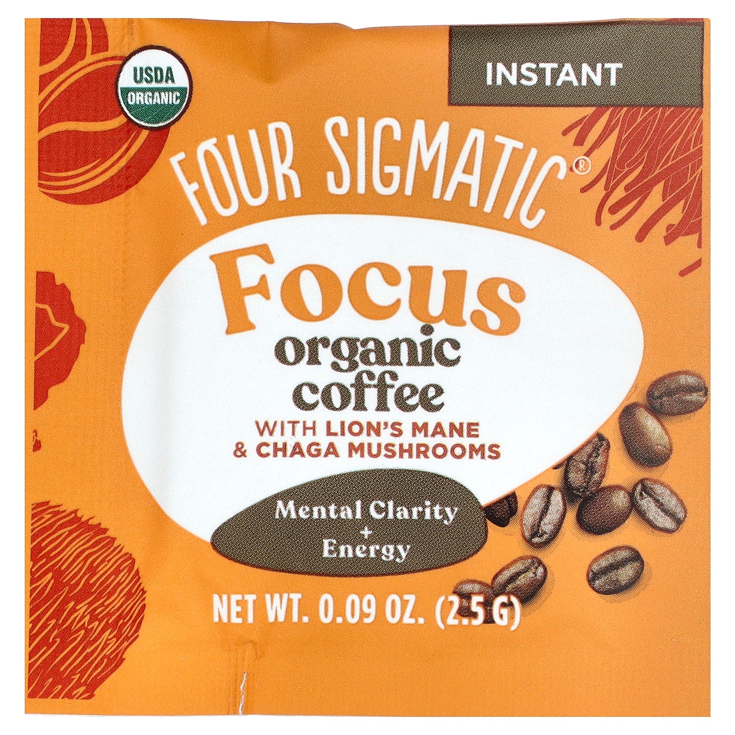 Four Sigmatic, Focus, Instant Organic Coffee with Lion's Mane & Chaga Mushrooms, Medium Roast, 10 Packets, 0.09 oz (2.5 g) Each