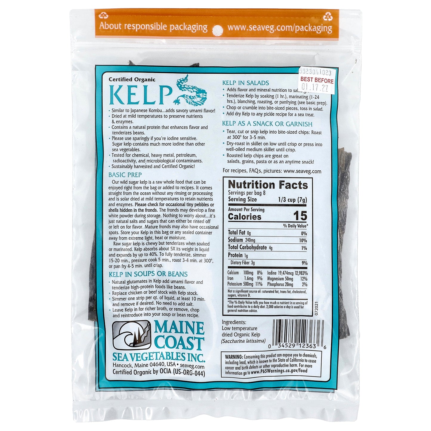 Maine Coast Sea Vegetables, Kelp, Wild Atlantic Kombu, 2 oz (56 g)