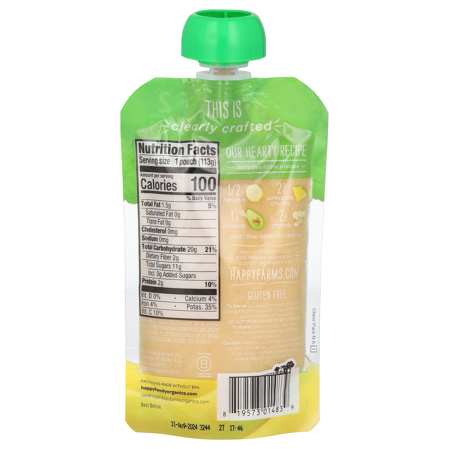 Happy Family Organics, Happy Baby®, Organic Baby Food, 6+ Months, Bananas, Pineapple, Avocado & Granola, 4 oz (113 g)