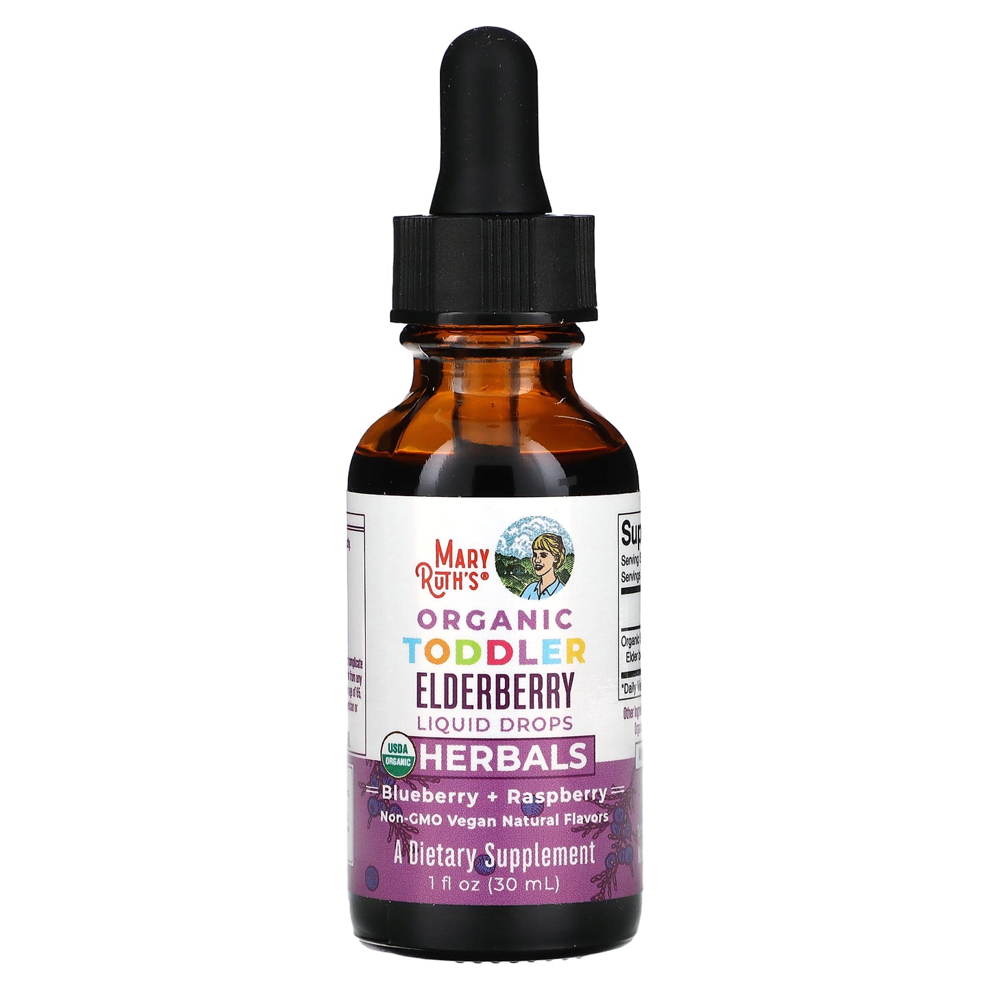 MaryRuth's, Organic Toddler Elderberry Liquid Drops, Blueberry + Raspberry, 35 mg, 1 fl oz (30 ml)