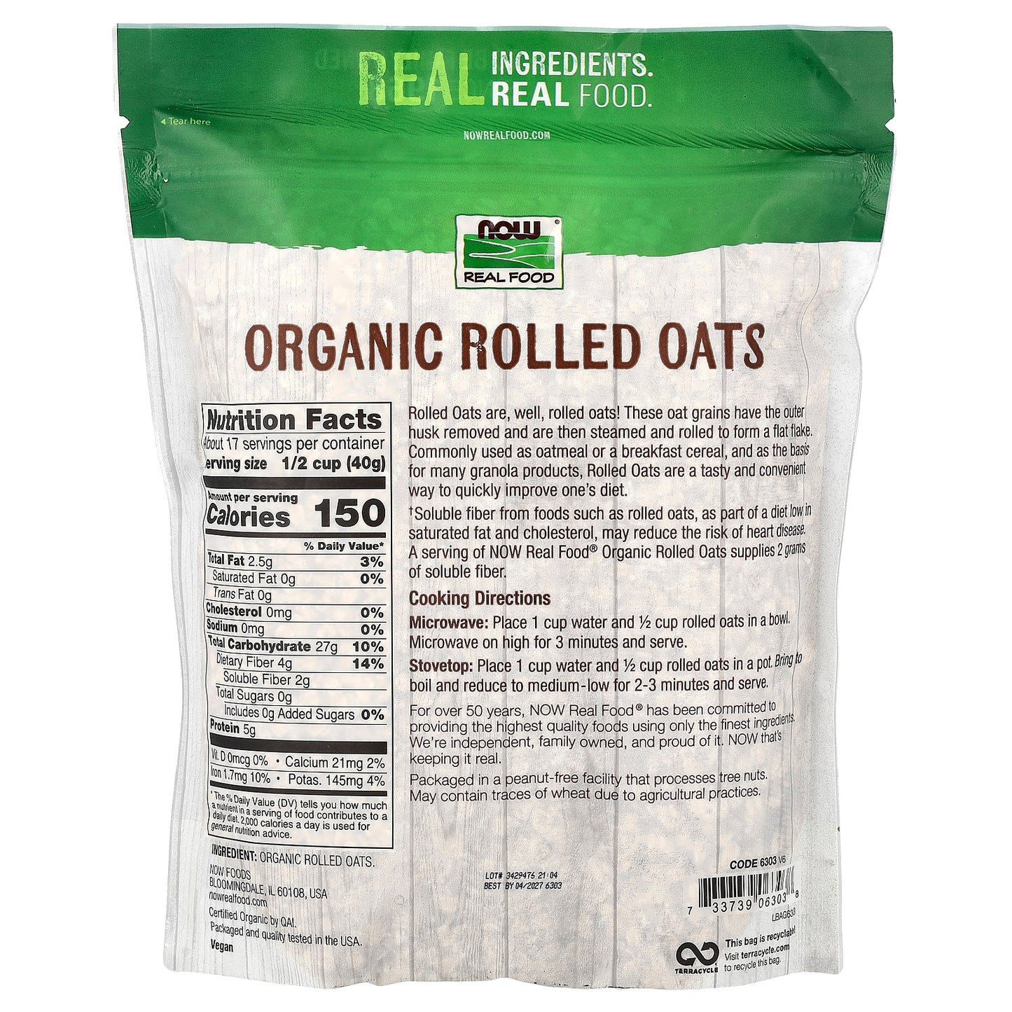 NOW Foods, Organic Rolled Oats, 24 oz (680 g)