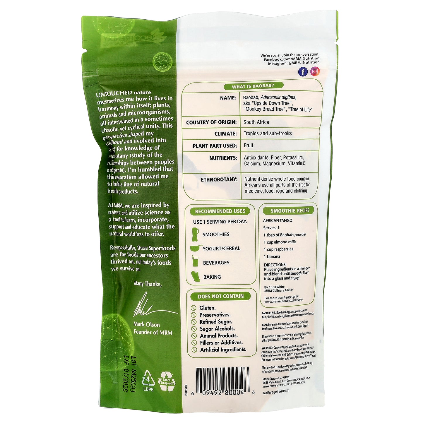 MRM Nutrition, Organic Baobab Powder, 8.5 oz (240 g)