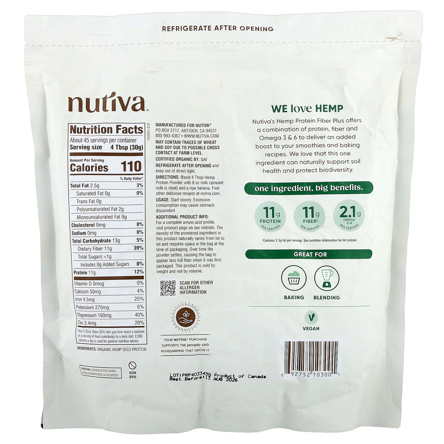 Nutiva, Organic Hemp Protein Powder, 3 lbs (1.36 kg)