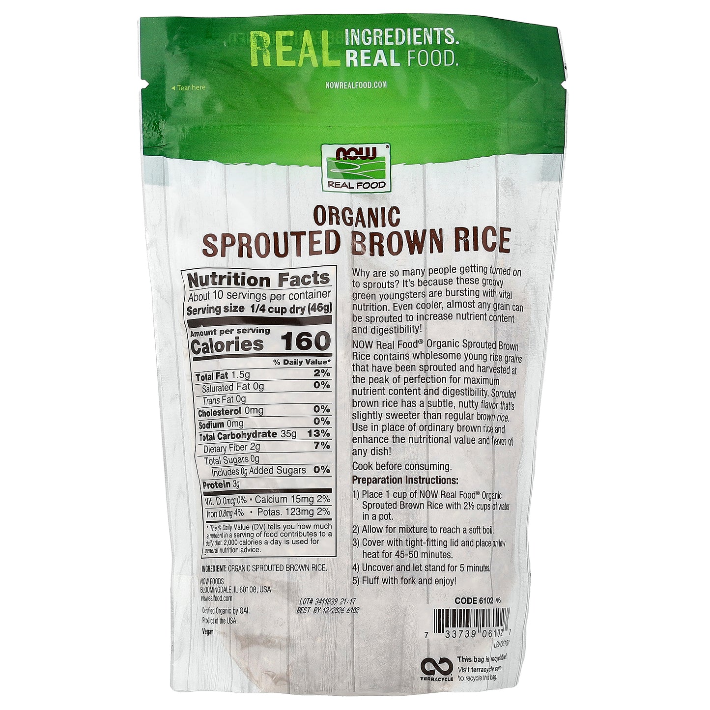 NOW Foods, Real Food, Organic Sprouted Brown Rice, Raw, 16 oz (454 g)