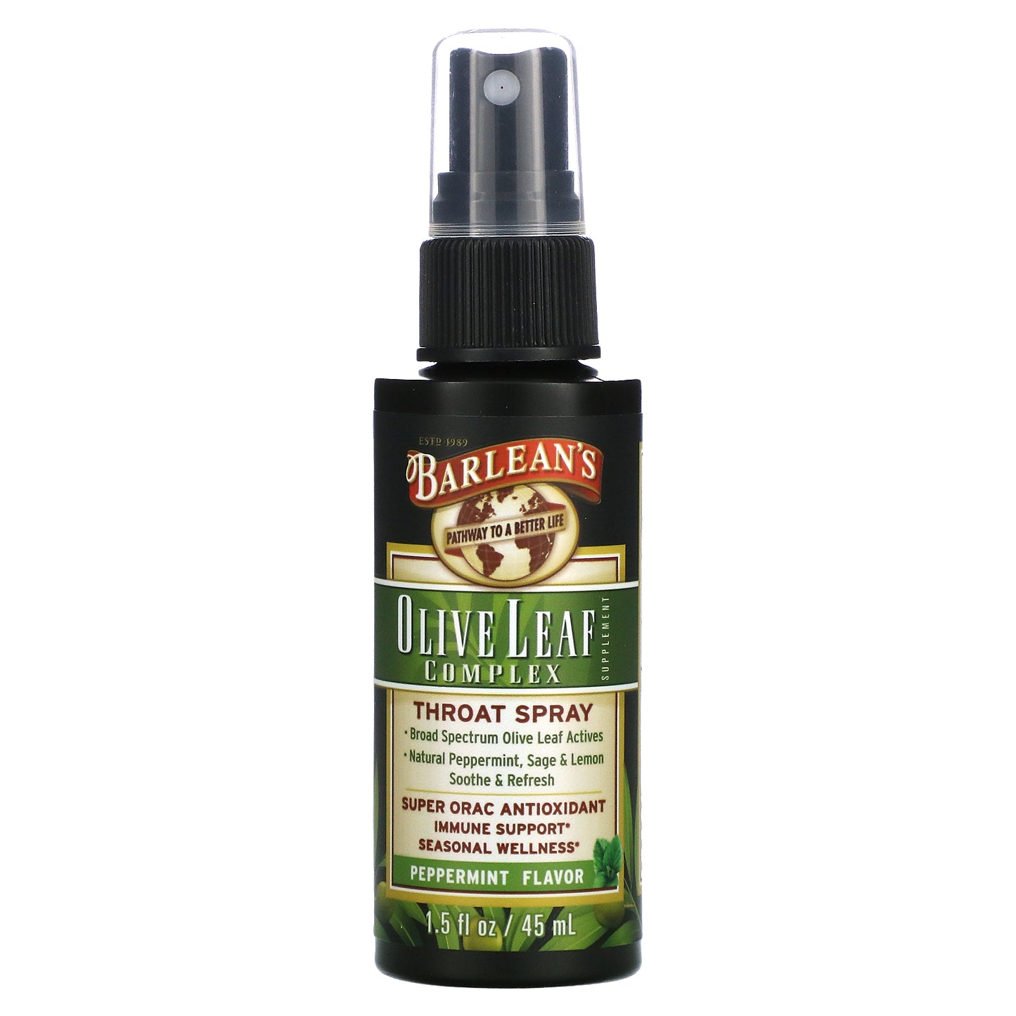 Barlean's, Immune Support, Broad Spectrum Olive Leaf Throat Spray, Peppermint, 1.5 fl oz (45 ml)