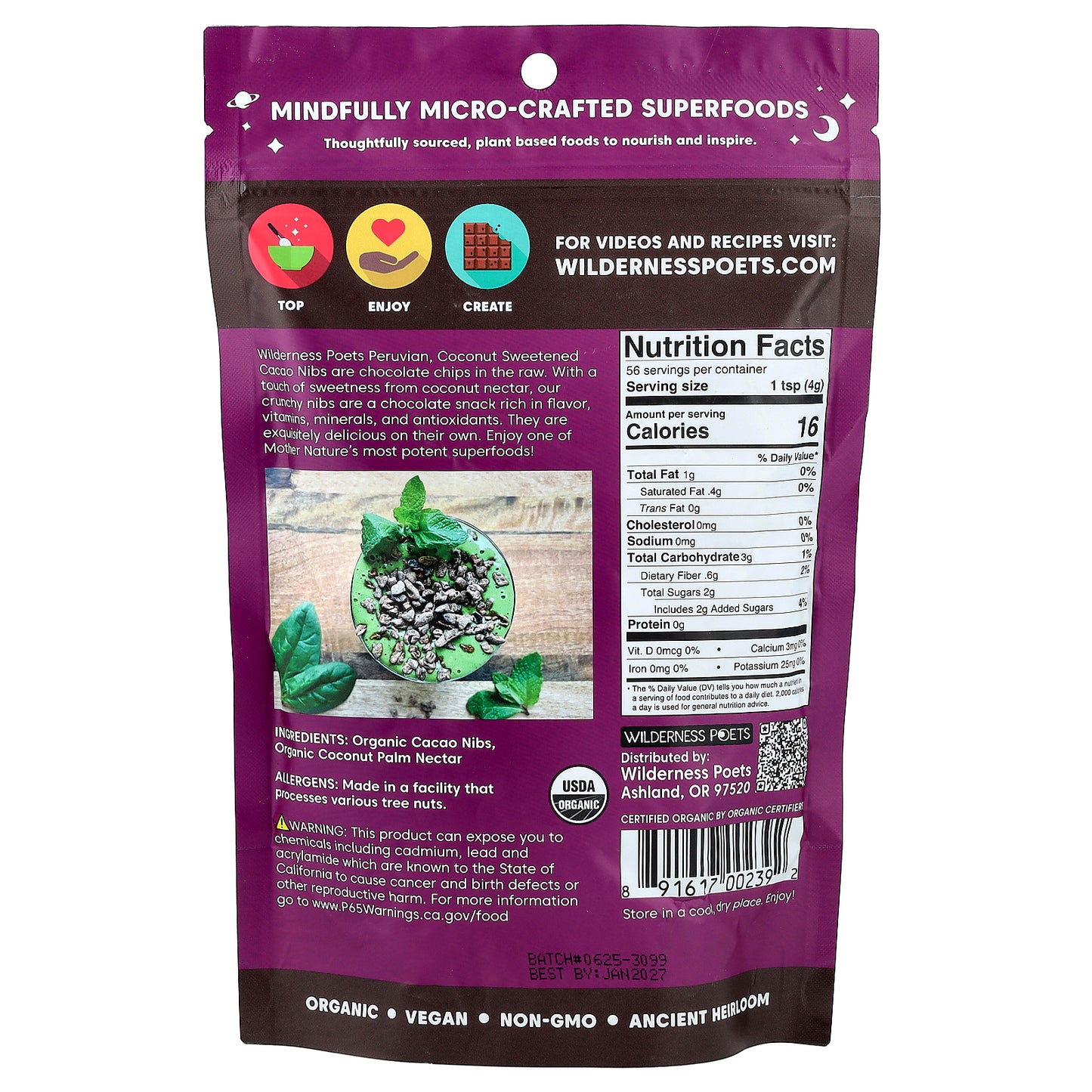 Wilderness Poets, Organic Coconut Sweetened Cacao Nibs, 8 oz (226 g)