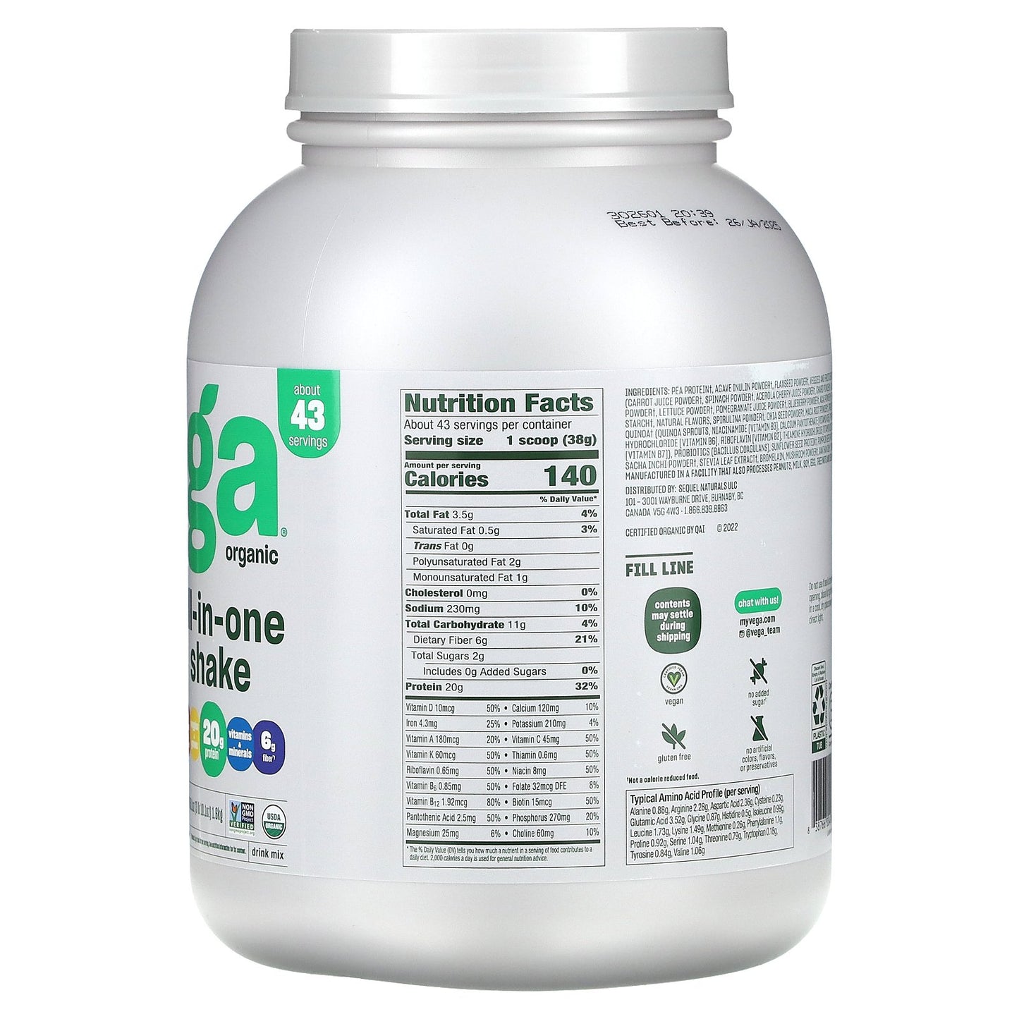 Vega, Organic Plant-Based Protein, Premium All-In-One Nutrition, French Vanilla , 3 lb 10.1 oz (1.6 kg)