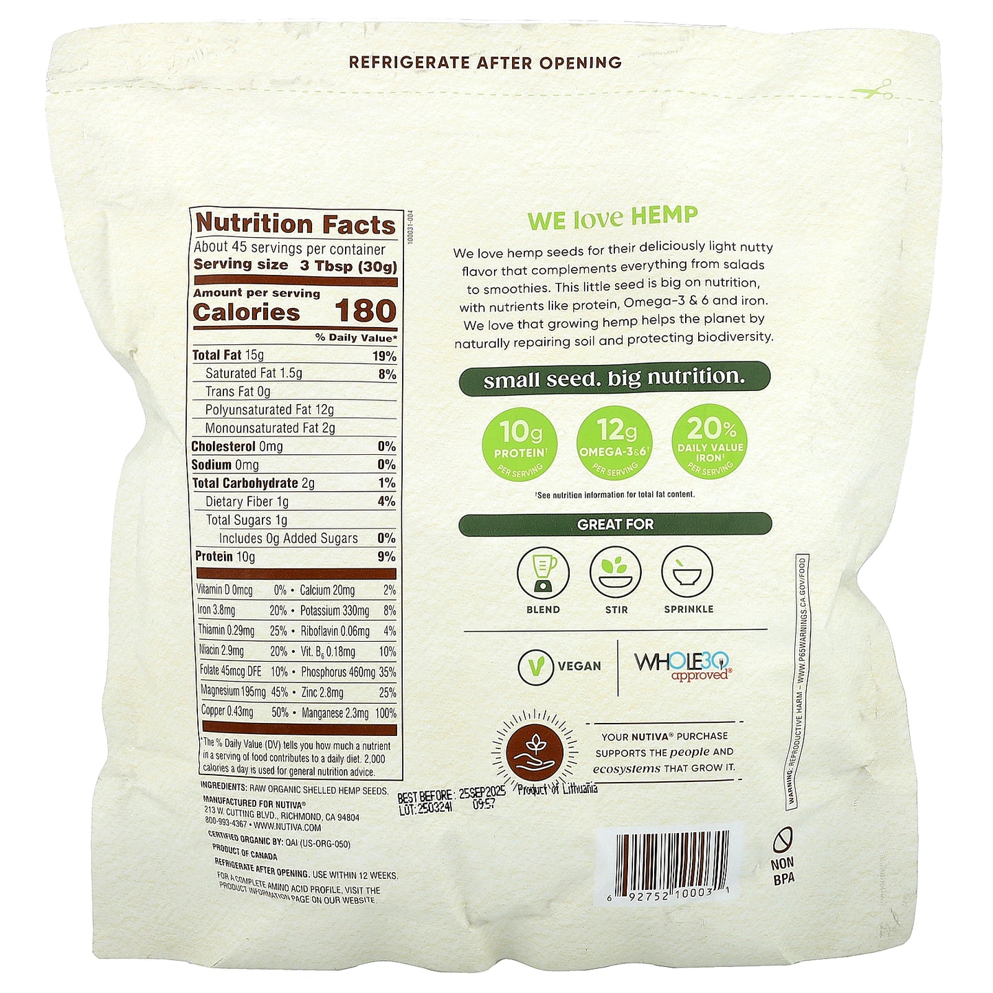 Nutiva, Organic Hemp Seeds, Raw Shelled, 3 lbs (1.36 kg)