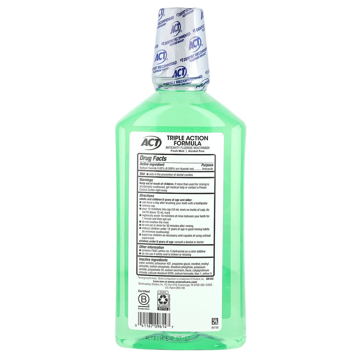 ACT, Total Care Anticavity Fluoride Mouthwash, Alcohol Free, Fresh Mint, 33.8 fl oz (1 L)