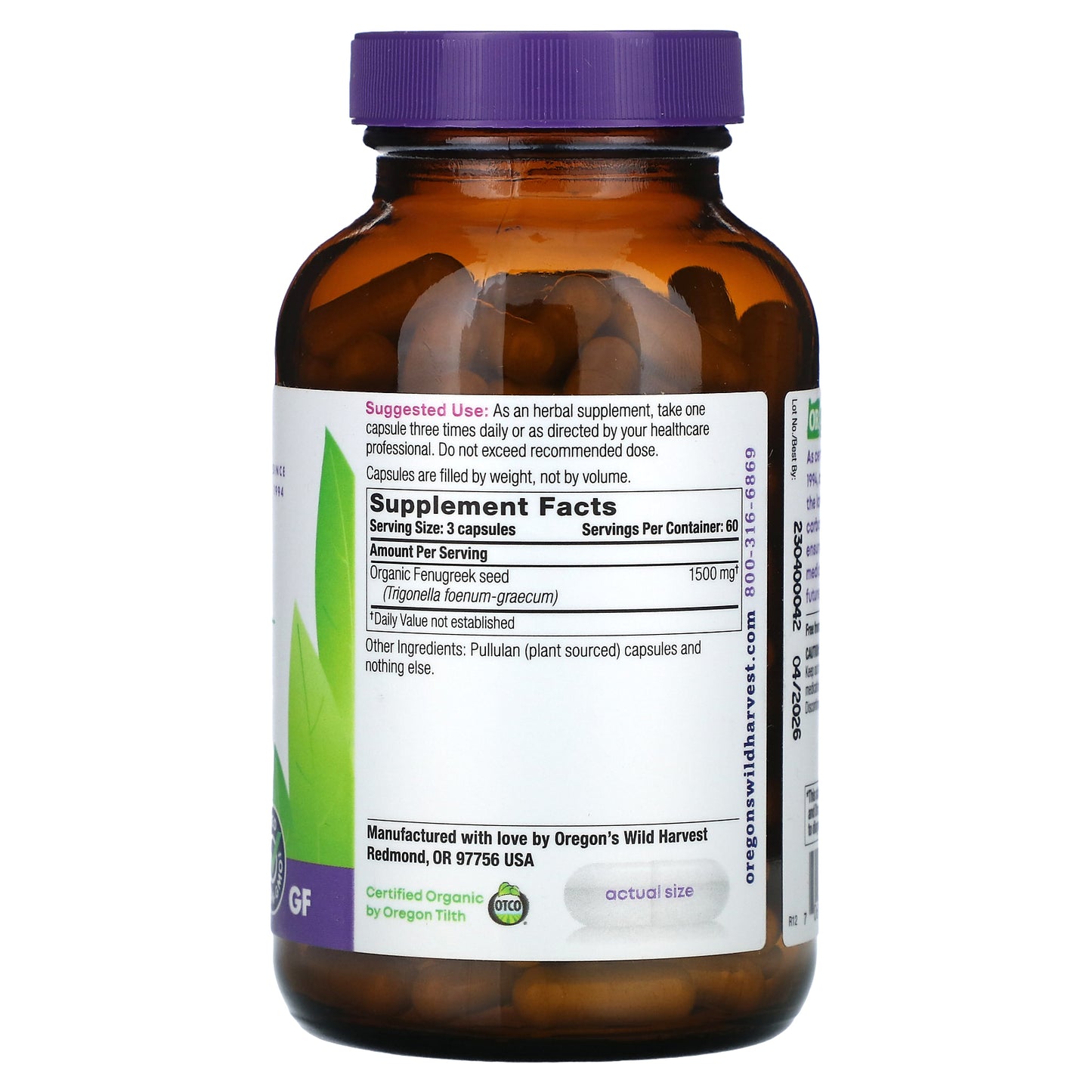 Oregon's Wild Harvest, Fenugreek, 180 Vegan Capsules (500 mg per Capsule)