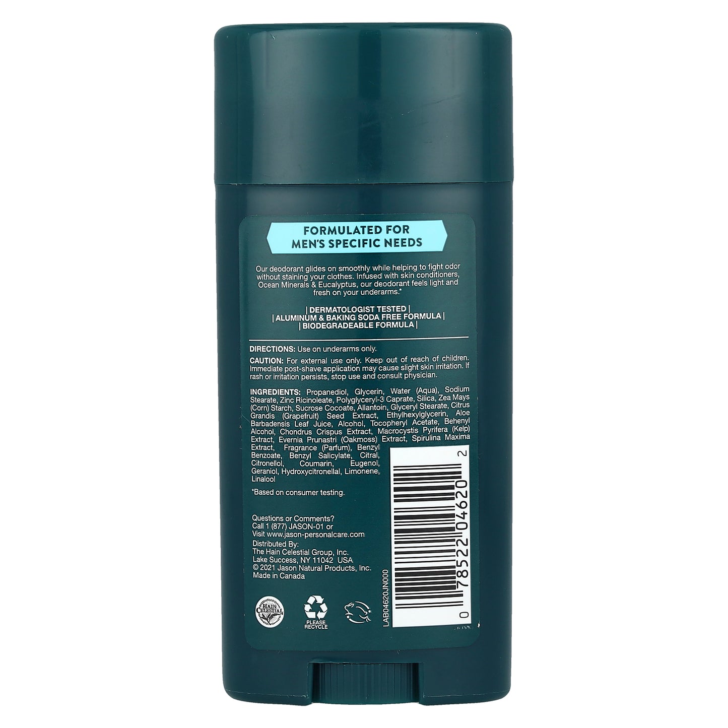 Jason Natural, Men's, Deodorant, Aluminum Free, Ocean Minerals + Eucalyptus, 2.5 oz (71 g)