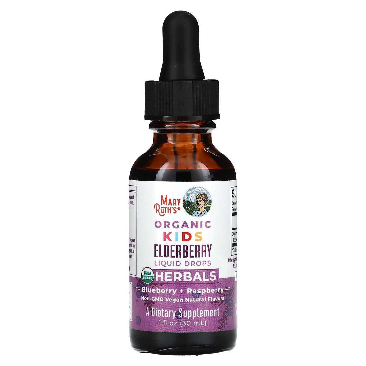 MaryRuth's, Organic Kids Elderberry Liquid Drops, 4-13 Years, Blueberry + Raspberry, 75 mg, 1 fl oz (30 ml)