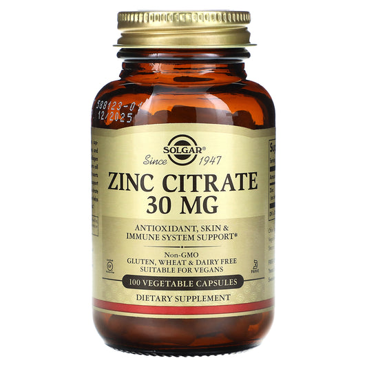 Solgar, Zinc Citrate, 30 mg, 100 Vegetable Capsules