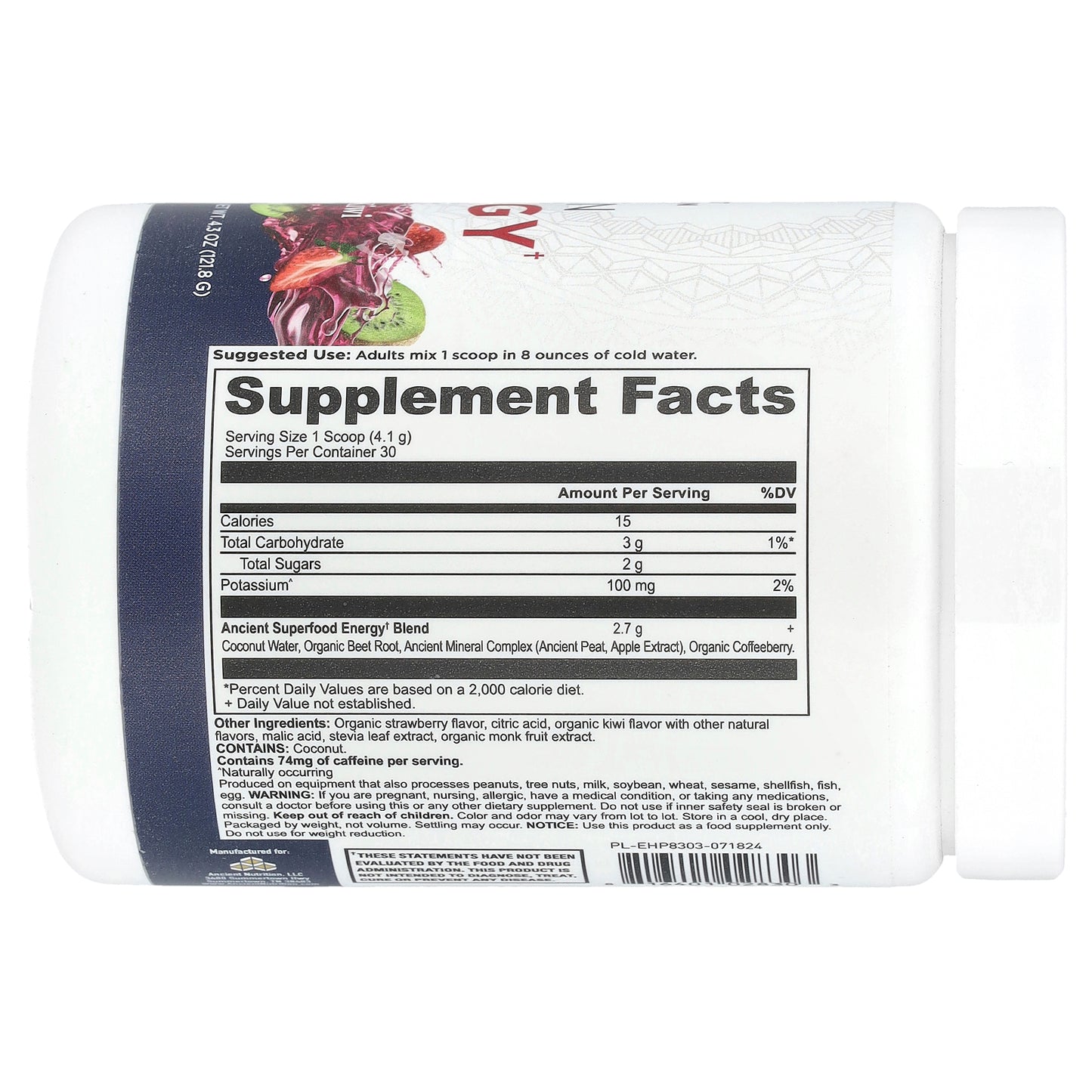 Ancient Nutrition, Clean Energy, Strawberry Kiwi, 4.3 oz (121.8 g)