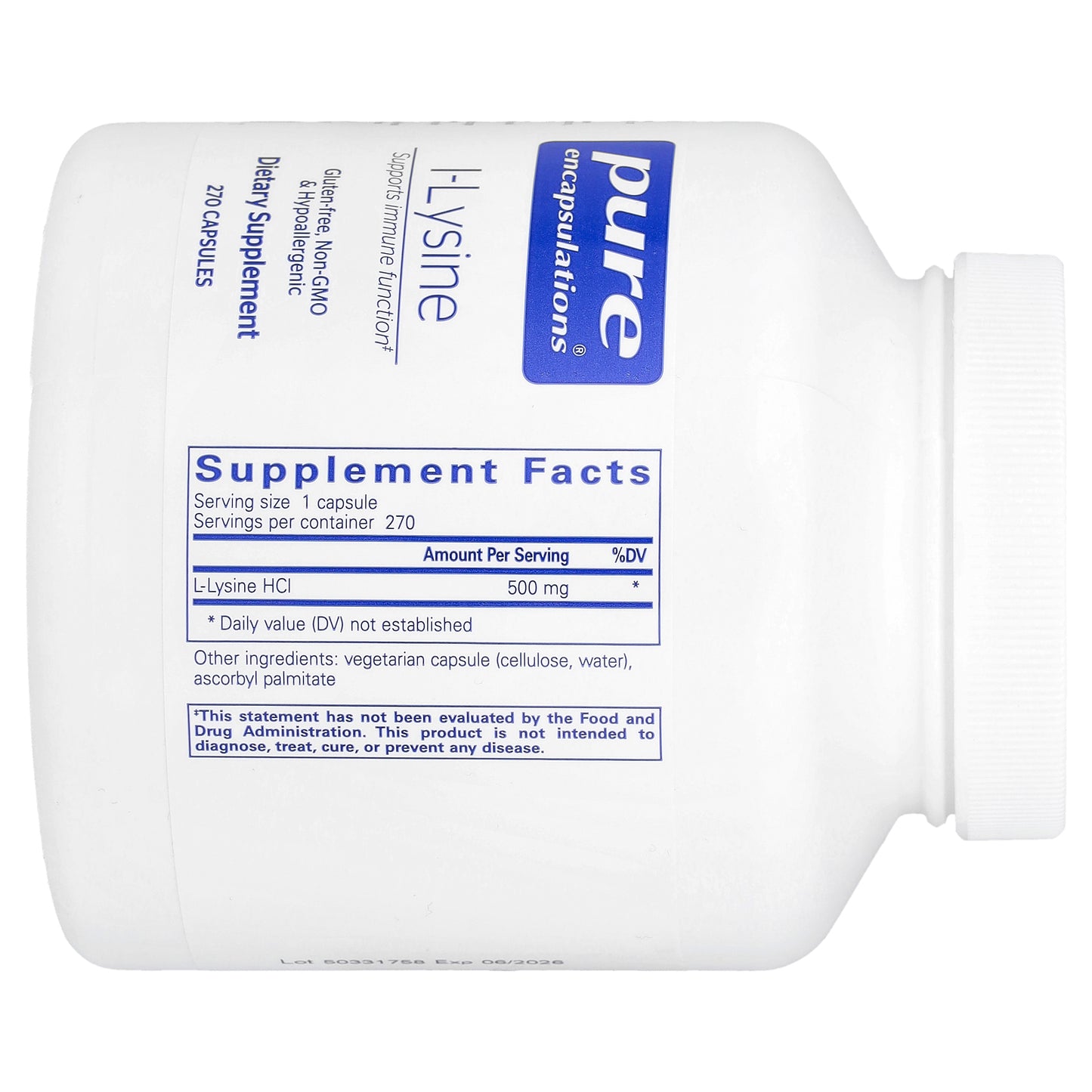 Pure Encapsulations, L-Lysine, 270 Capsules (500 mg per Capsule)