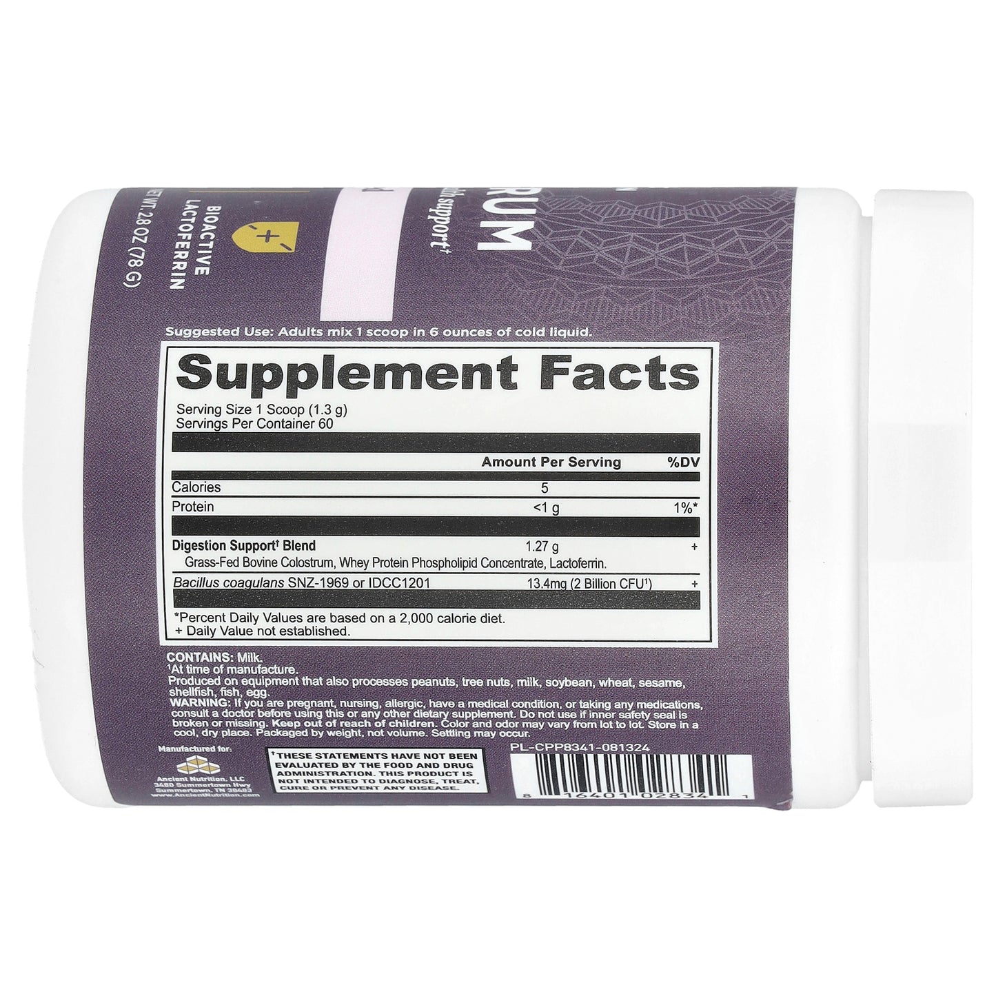 Ancient Nutrition, Colostrum, Unflavored, 2.8 oz (78 g)