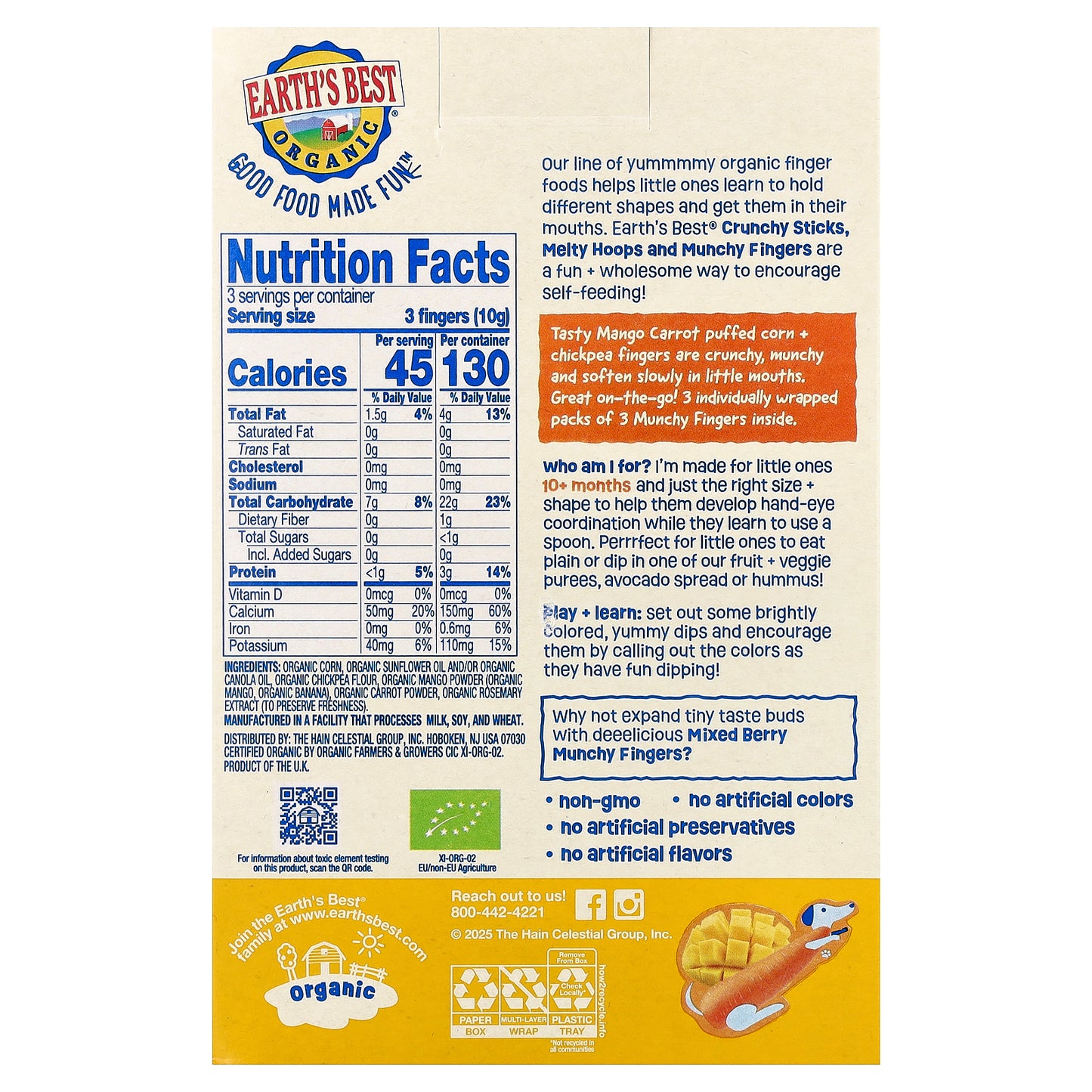 Earth's Best, Organic Munchy Fingers, Puffed Corn Snack, 10+ Months, Mango Carrot, 1.05 oz (30 g)