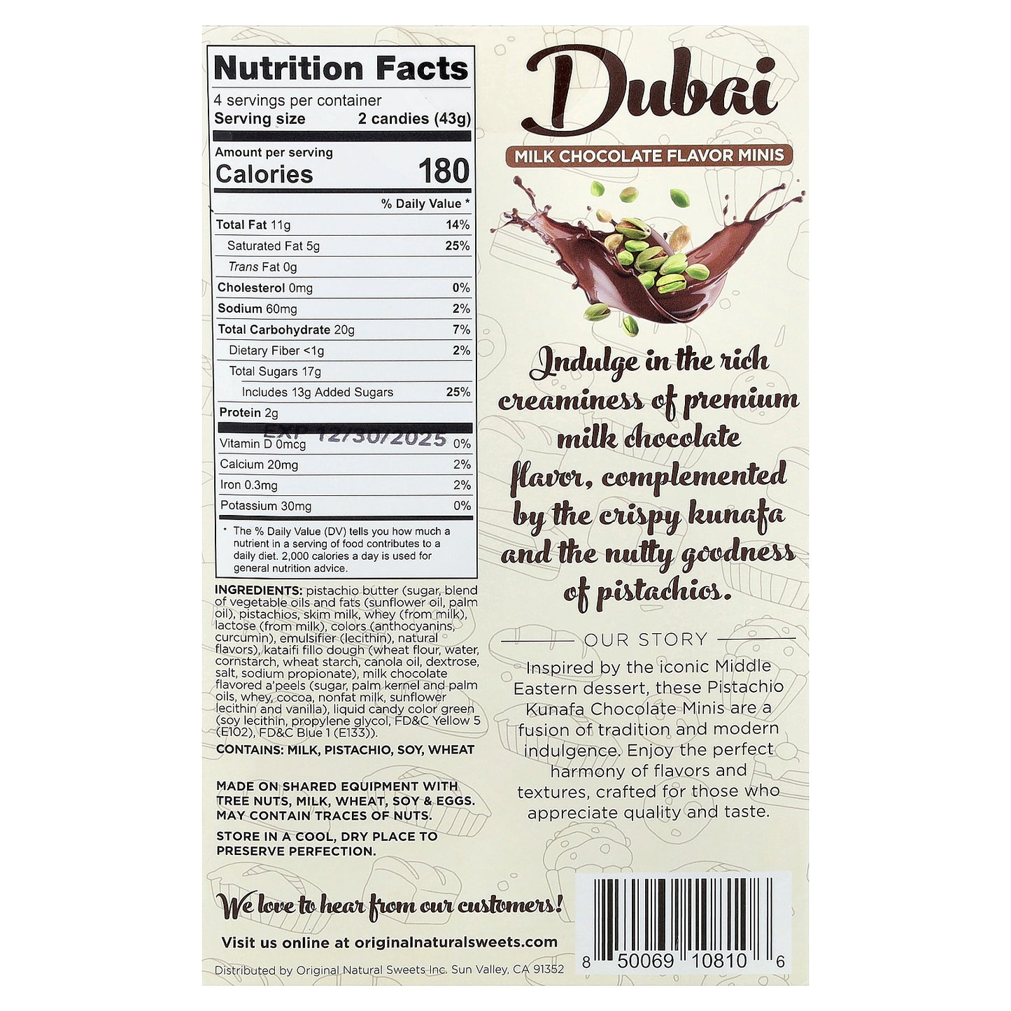 Original Natural Sweets, Dubai Milk Chocolate Minis, 8 Pieces, 6 oz (170 g)