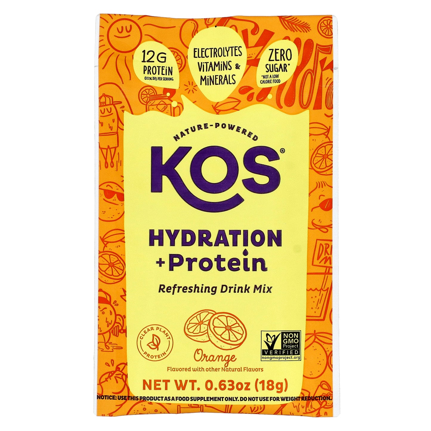 KOS, Hydration + Protein, Refreshing Drink Mix, Orange , 7 Packets, 0.65 oz (18 g) Each