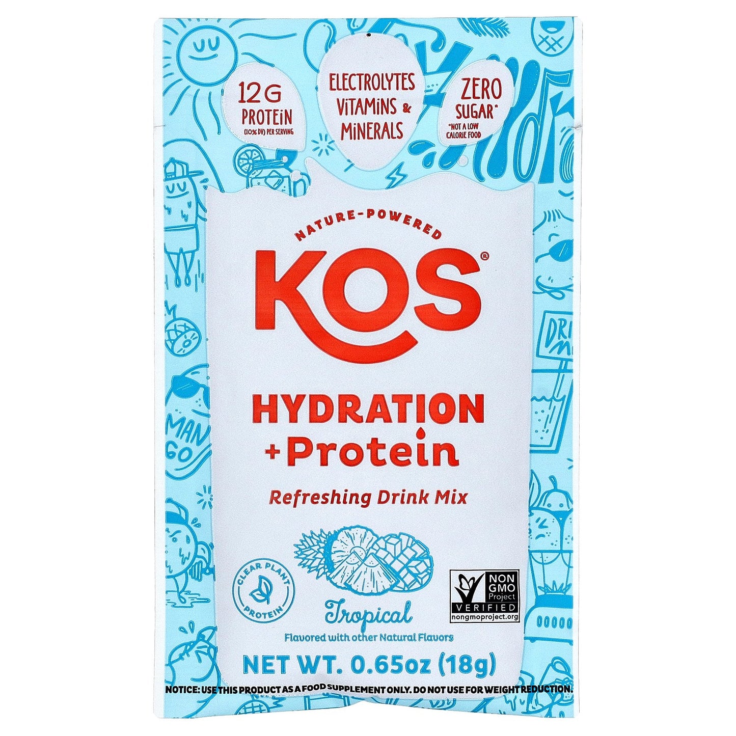 KOS, Hydration + Protein, Refreshing Drink Mix, Tropical , 7 Packets, 0.65 oz (18 g) Each