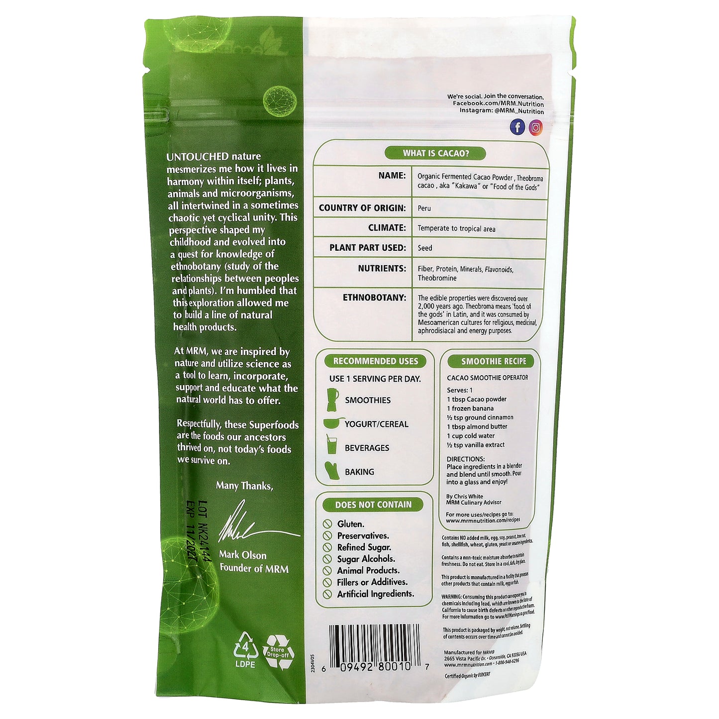 MRM Nutrition, Organic Fermented Cacao Powder, 8.5 oz (240 g)