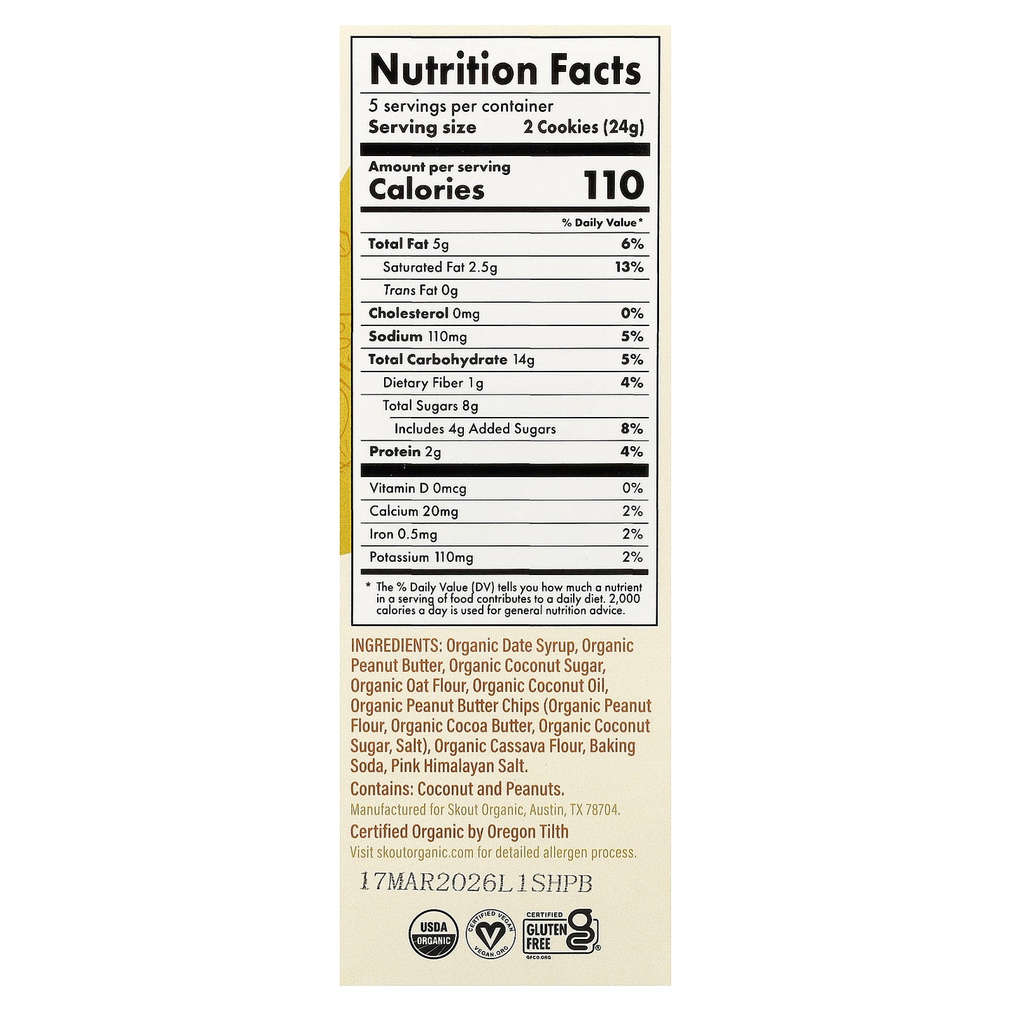 Skout Organic, Soft-Baked Cookies, Peanut Butter, 5 Pouches, 2 Cookies (24 g) Each