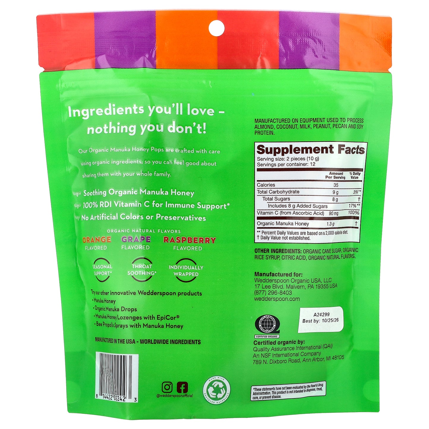 Wedderspoon, Throat Soothing Manuka Honey Pops, 3 Flavor Variety Pack, 24 Count, 4.15 oz (118 g)